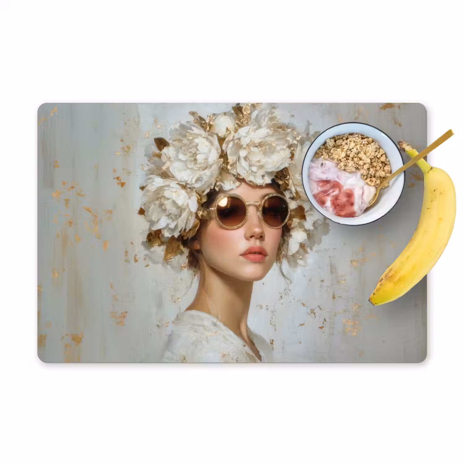 Schilderij - Vrouw - Zonnebril - Bloemenkrans Placemat vinyl groot -zzzproduct_Kitchenyeah-website