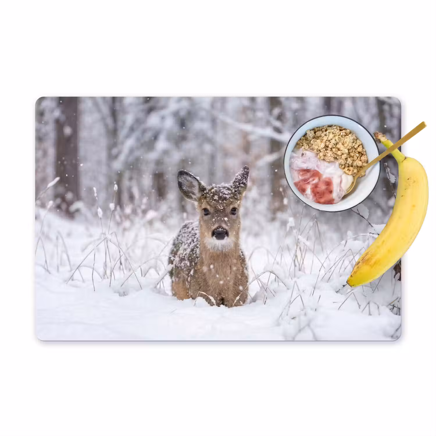 Hert - Sneeuw - Bos - Dieren - Vertederend Placemat vinyl groot -zzzproduct_Kitchenyeah-website