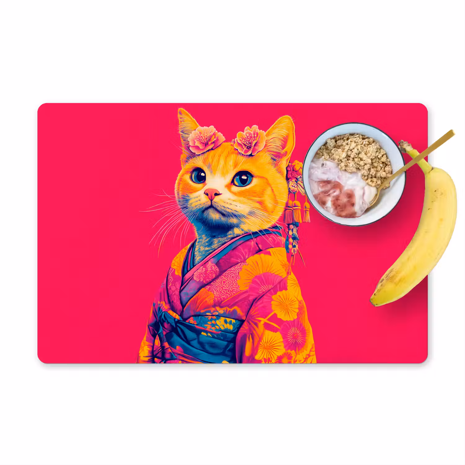 Kat - Kimono - Bloemen - Roze Placemat vinyl groot -zzzproduct_Kitchenyeah-website