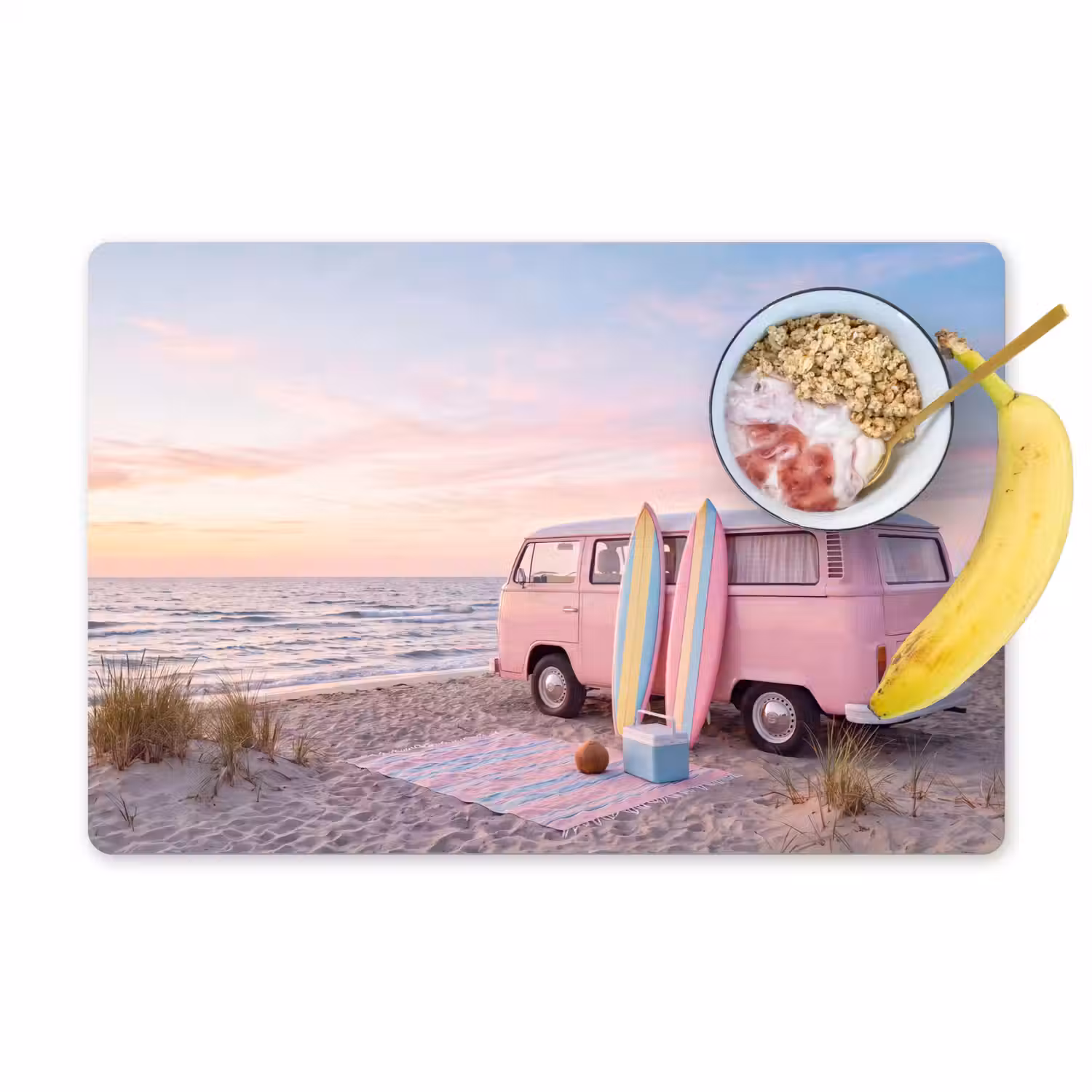 Busje - Strand - Surfplank - Zomer - Roze Placemat vinyl groot -zzzproduct_Kitchenyeah-website