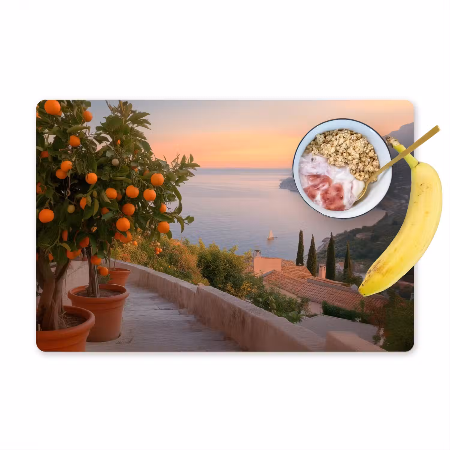 Middelandse zee - Sinaasappel - Heuvels - Zee Placemat vinyl groot -zzzproduct_Kitchenyeah-website