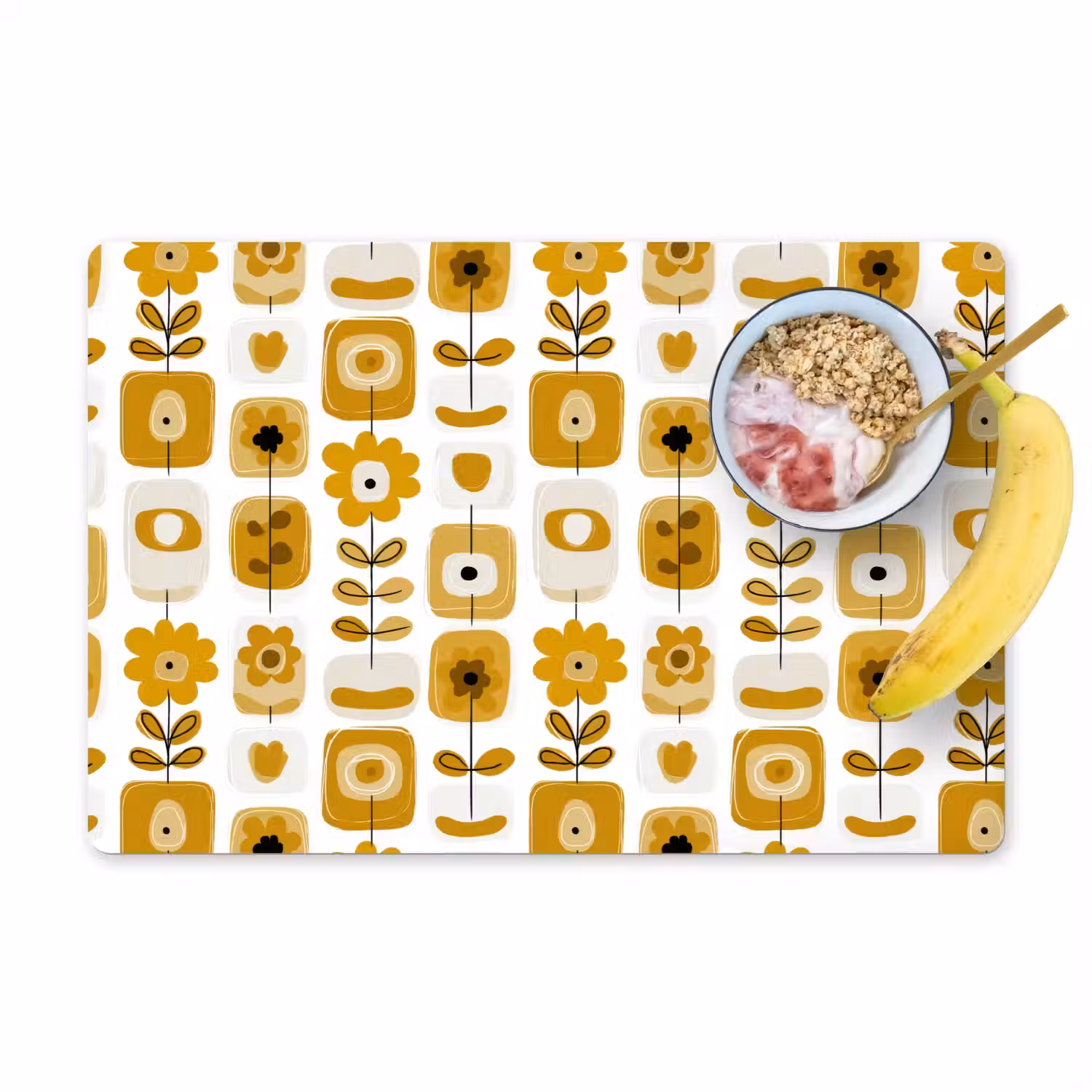 Retro - Abstract - Bloemen - Okergeel Placemat vinyl groot 368 -zzzproduct_Kitchenyeah-website