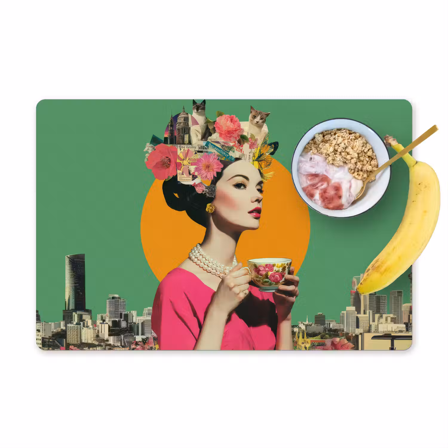 Retro - Vrouw - Stad - Zon Placemat vinyl groot -zzzproduct_Kitchenyeah-website