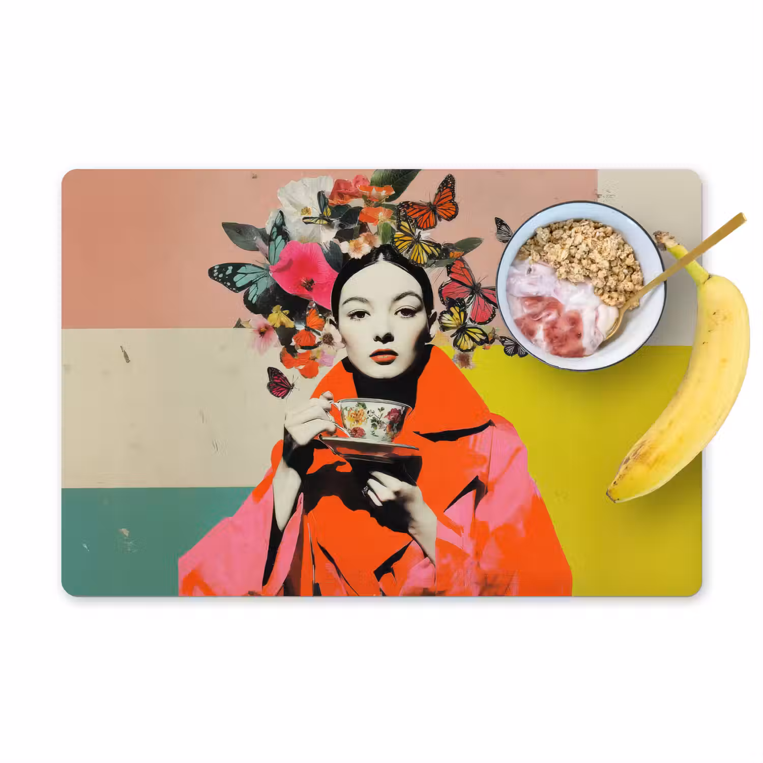 Retro - Vrouw - Kopje - Vlinders Placemat vinyl groot -zzzproduct_Kitchenyeah-website