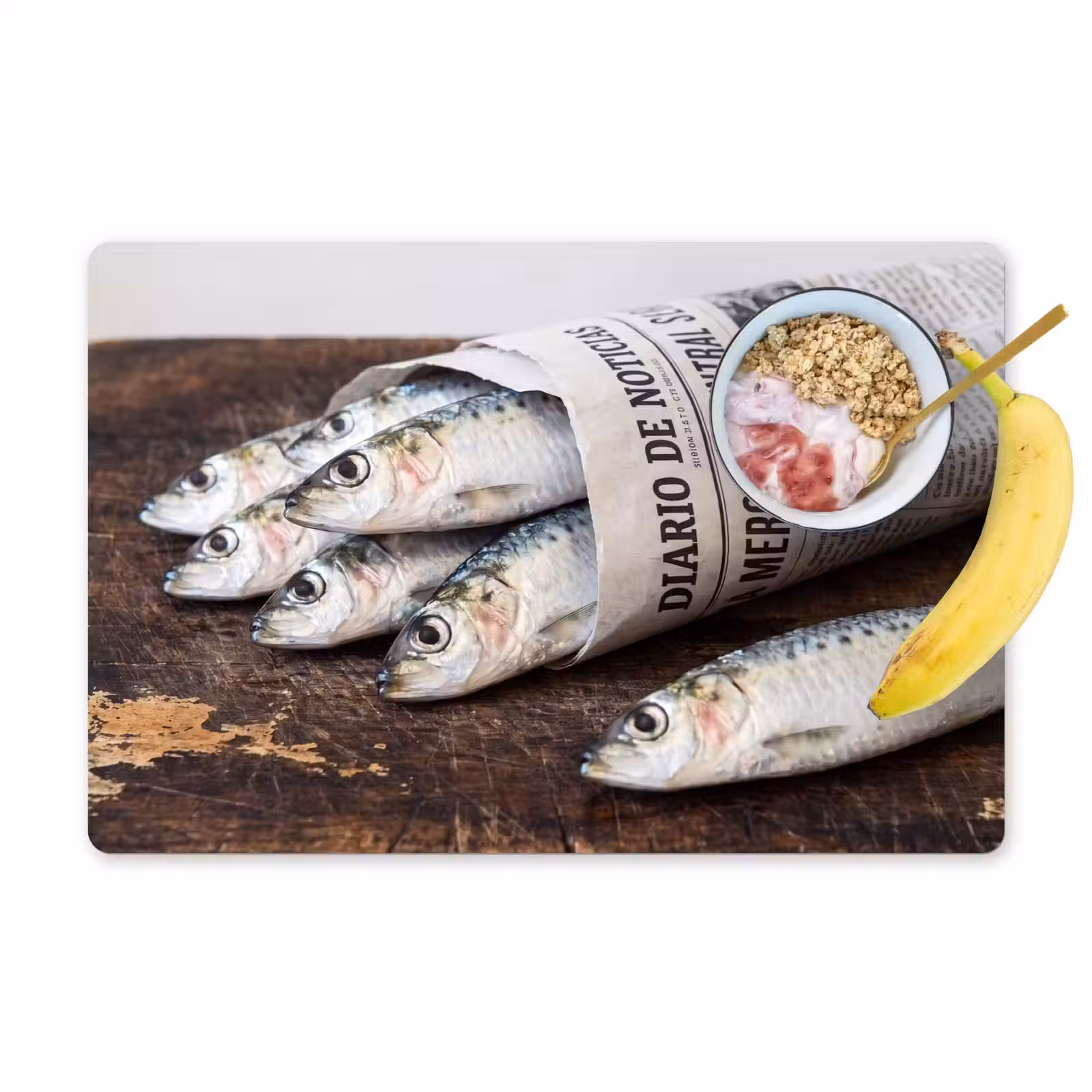 Tischset - 6 Stück - Sardine – Zeitung – Schneidebrett - Sardientje - krant - snijplank Placemat vinyl groot