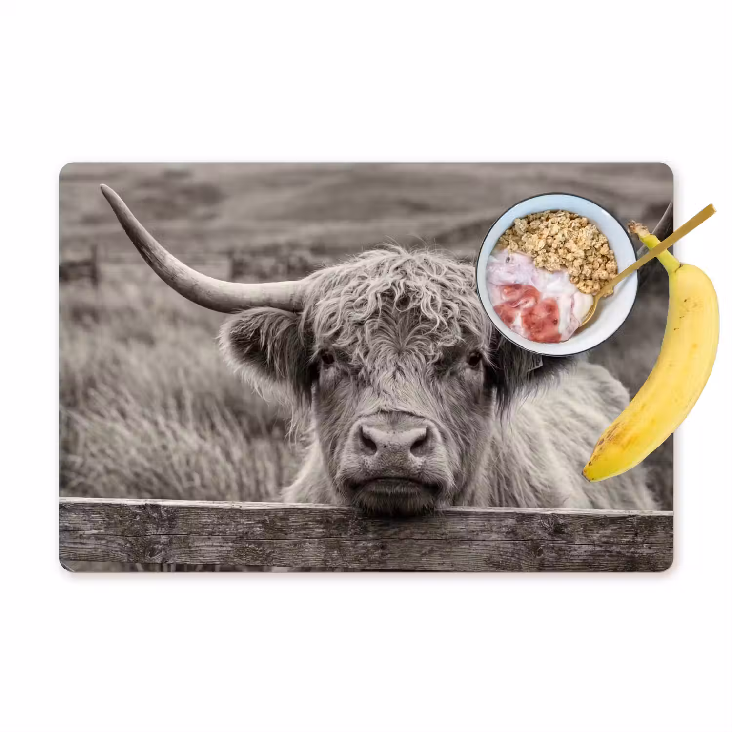 Schotse hooglander - Zwart - Wit - Hout Placemat vinyl groot -zzzproduct_Kitchenyeah-website