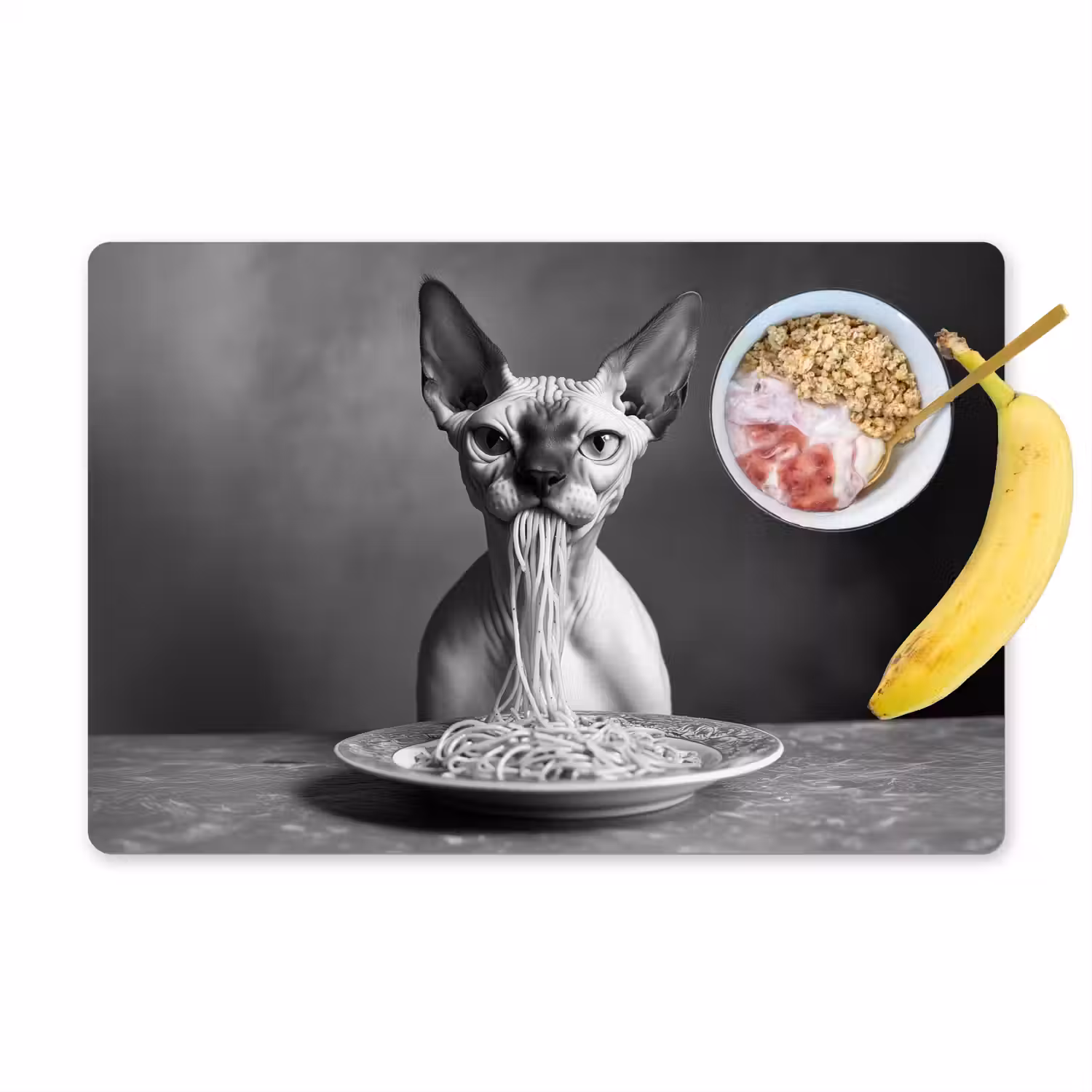 Sphynx - Kat - Dieren - Humor - Spaghetti - Zwart Wit Placemat vinyl groot -zzzproduct_Kitchenyeah-website