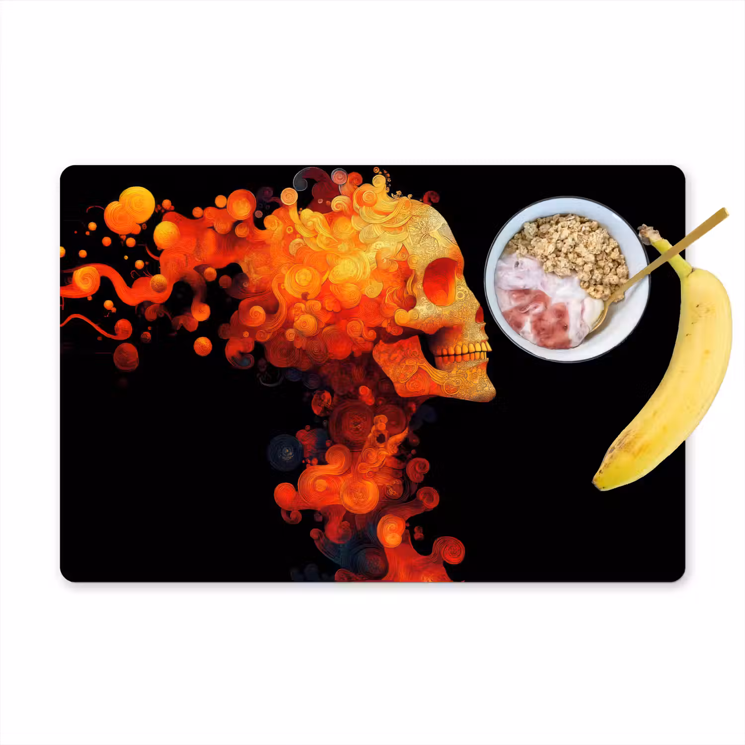 Schedel - Oranje - Zijaanzicht - Vlammen Placemat vinyl groot -zzzproduct_Kitchenyeah-website
