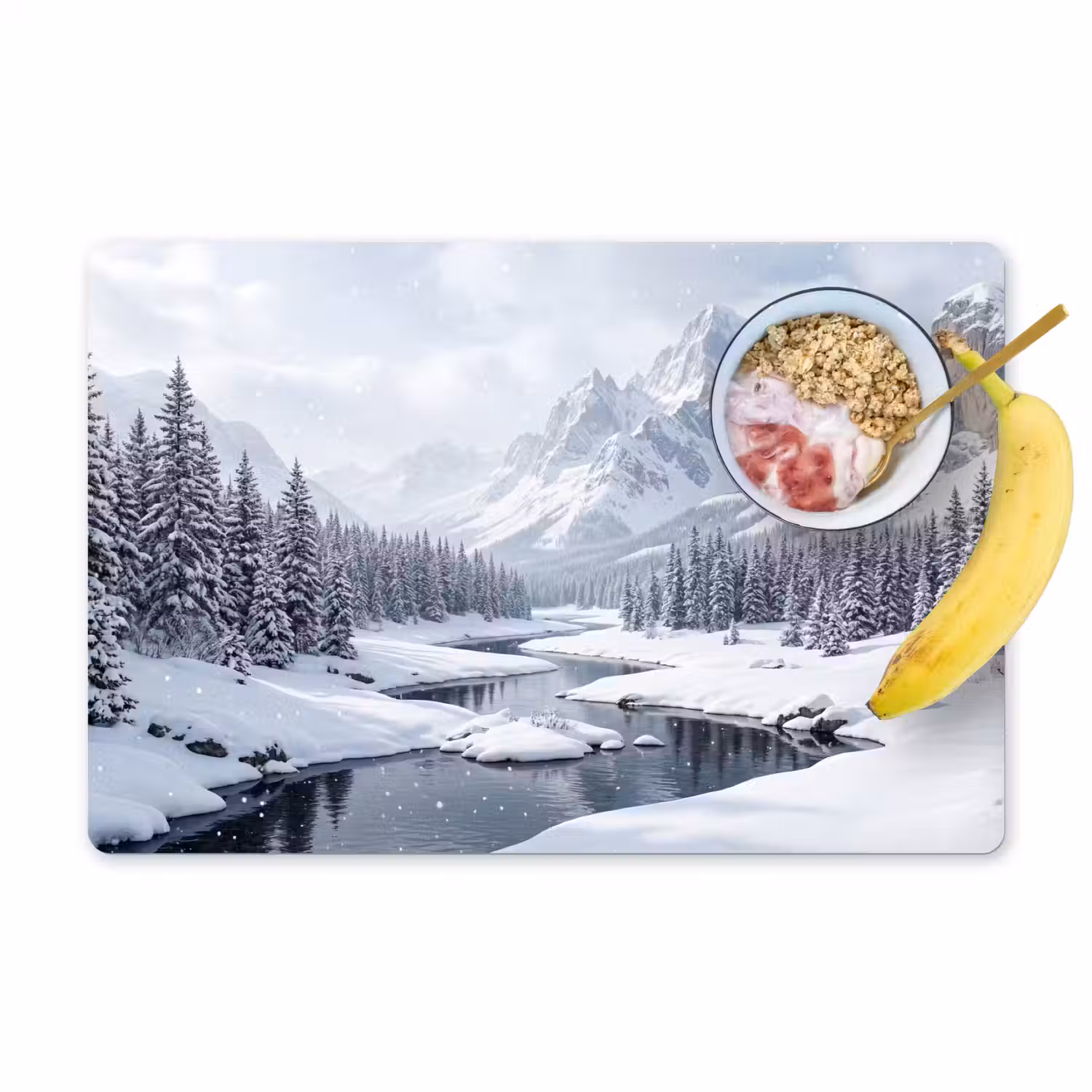 Sneeuwlandschap - Bergen - Rivier - Winter Placemat vinyl groot -zzzproduct_Kitchenyeah-website