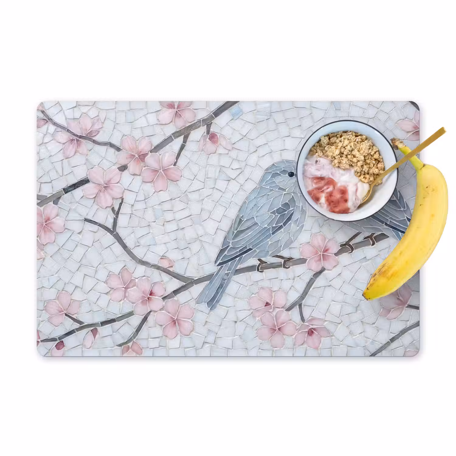 Vogel - Bloemen - Natuur - Mozaïek - Roze Placemat vinyl groot -zzzproduct_Kitchenyeah-website