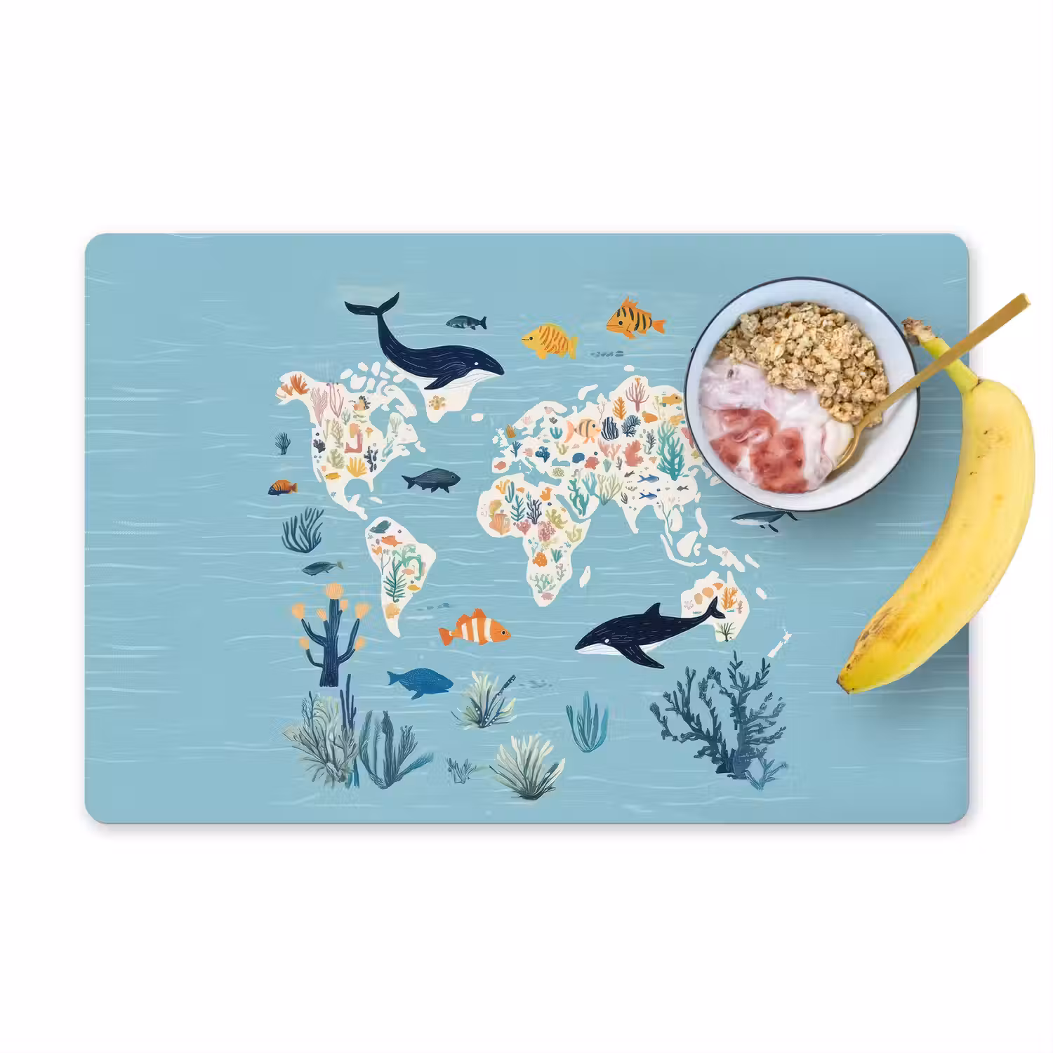 Wereldkaart - Zeeleven - Blauw Placemat vinyl groot -zzzproduct_Kitchenyeah-website