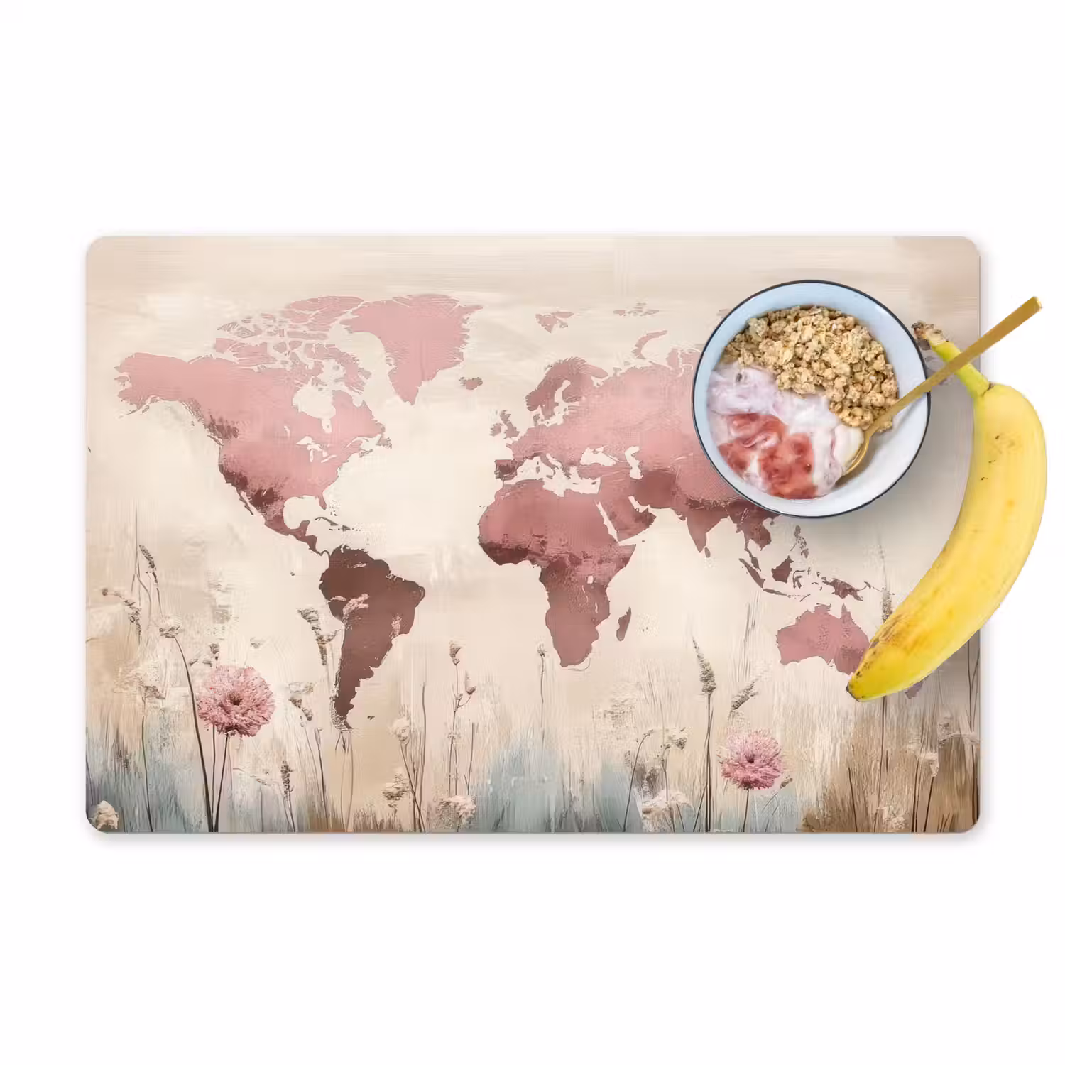 Wereldkaart - Roze - Bloemen Placemat vinyl groot -zzzproduct_Kitchenyeah-website