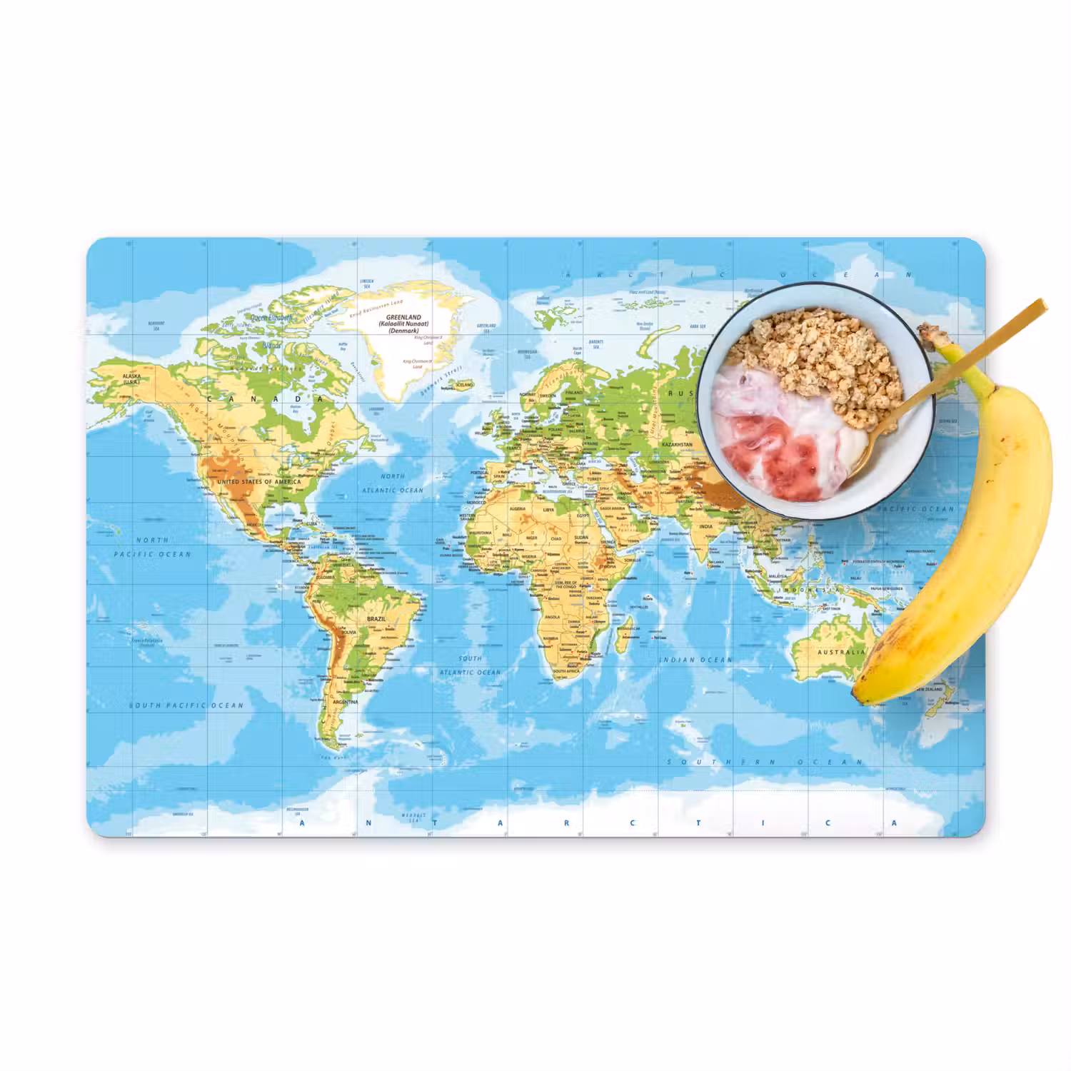 Wereldkaart - Staatkundig - Blauw - Aarde - Educatief Placemat vinyl groot -zzzproduct_Kitchenyeah-website