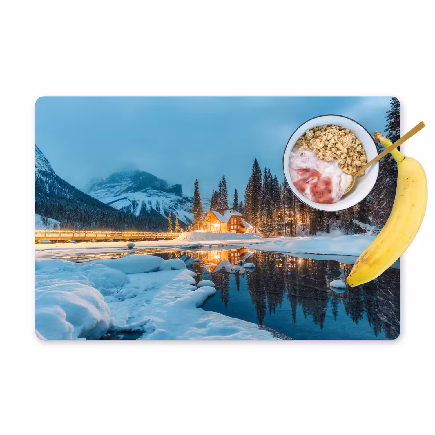 Winterlandschap - Natuur - Huis - Bergen - Sneeuw Placemat vinyl groot -zzzproduct_Kitchenyeah-website