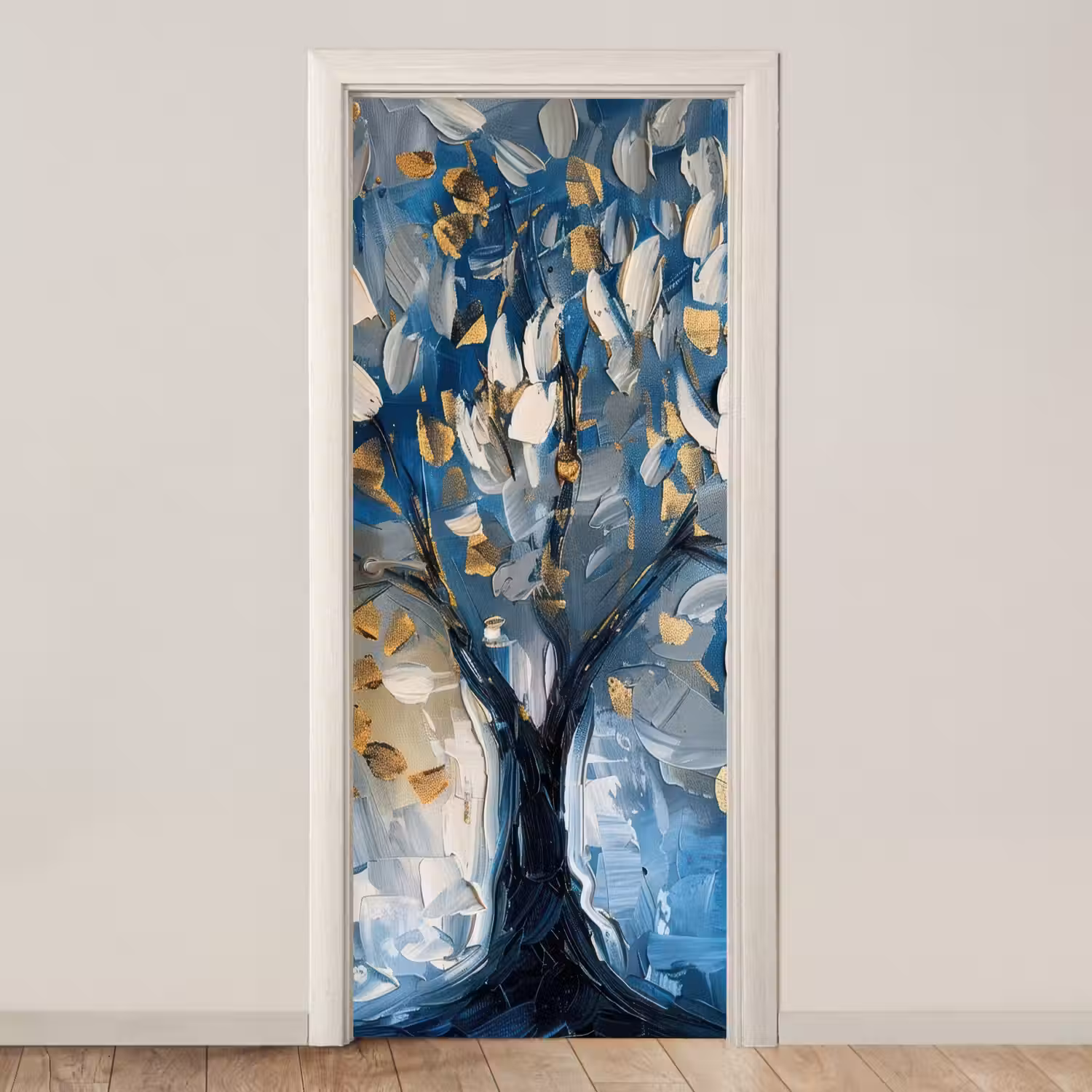Boom - Blauw - Goud - Abstract deurposter klein -3d_beige