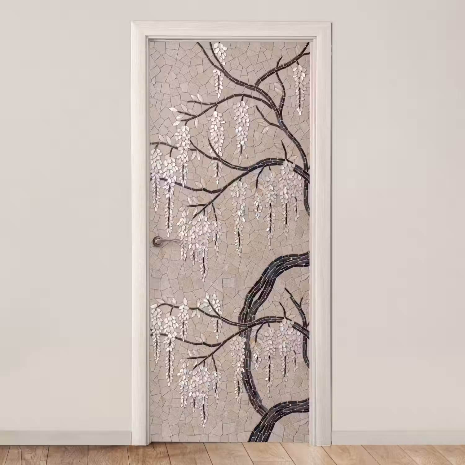 Boom - Bloemen - Mozaïek - Kunst - Wit deurposter klein -3d_beige