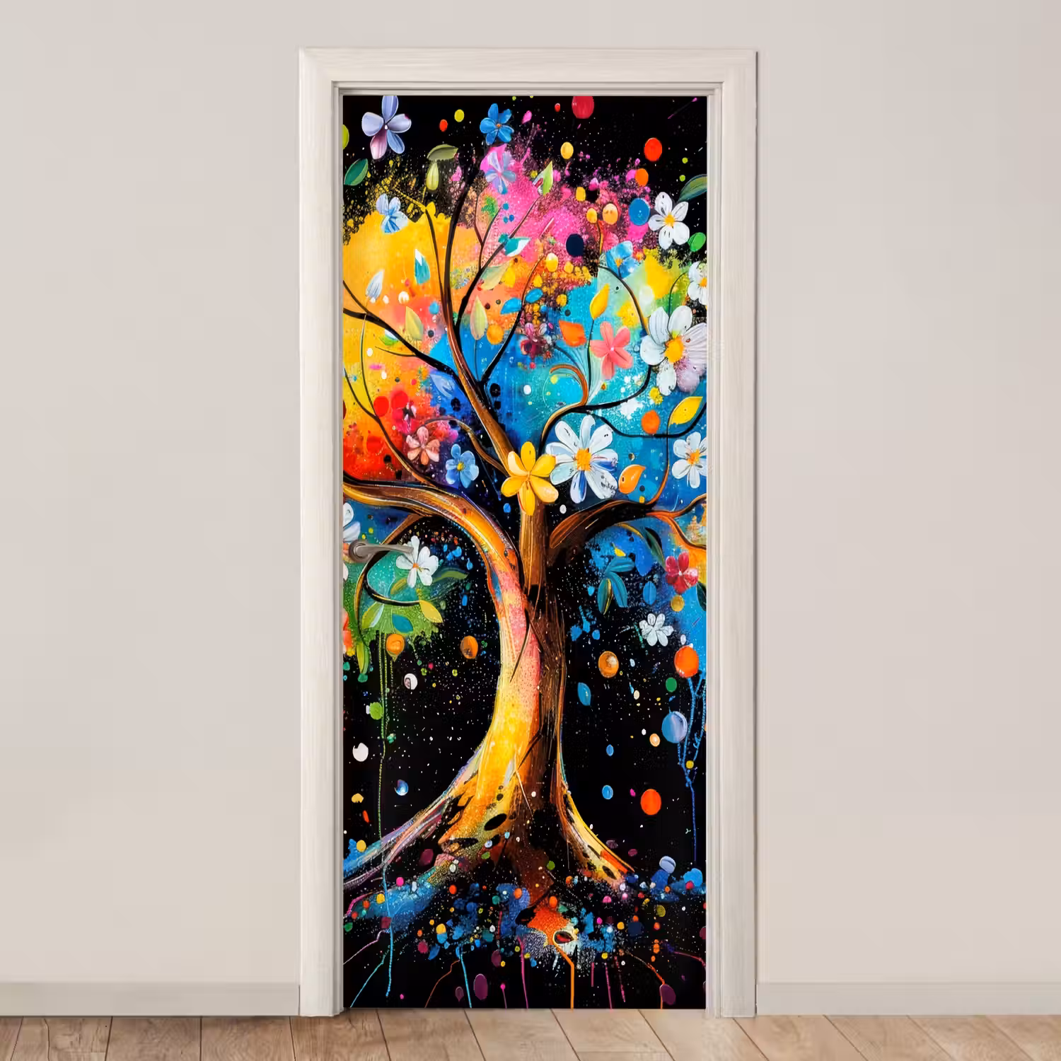 Boom - Kleurrijk - Bloemen - Zwart deurposter klein -3d_beige