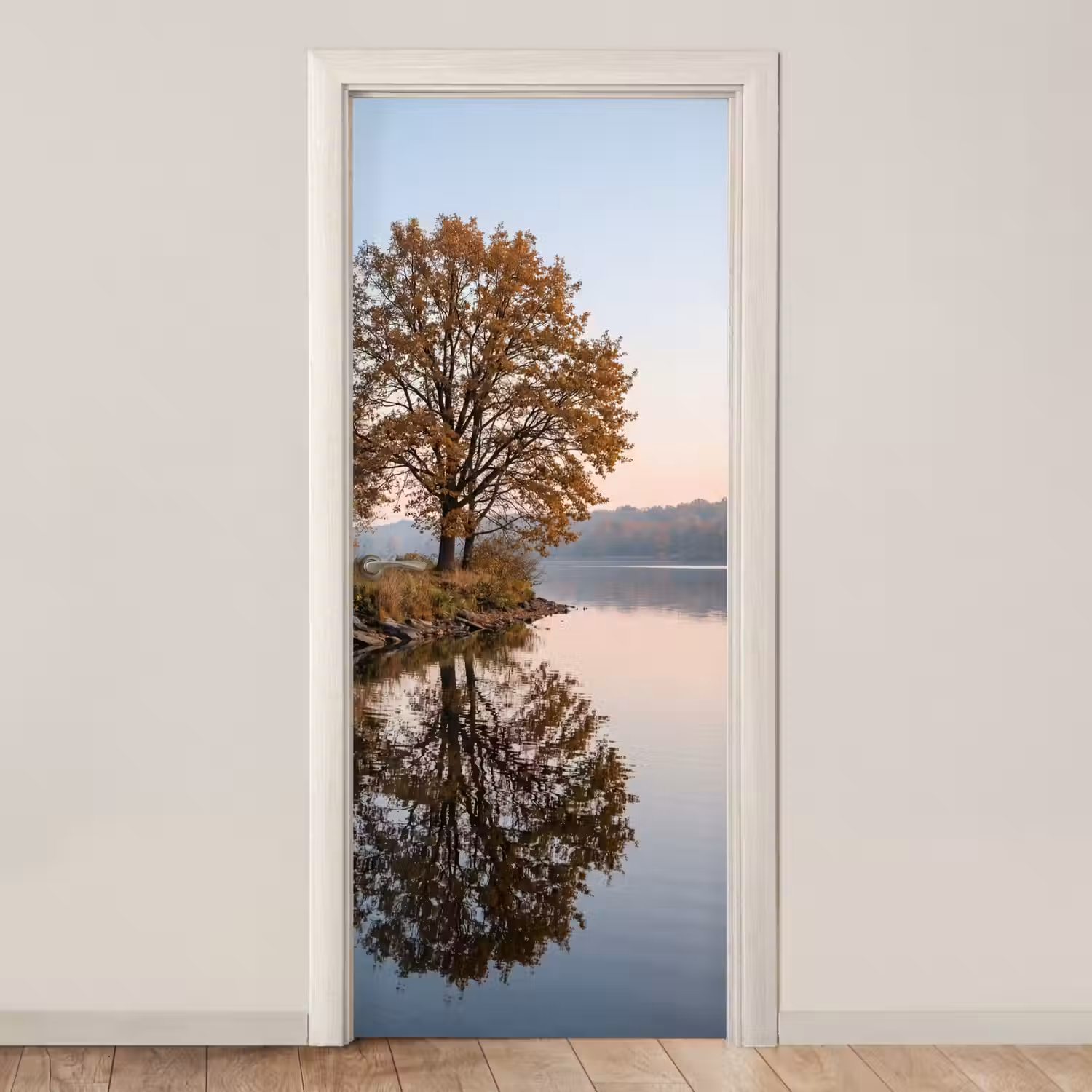 Bomen - Reflectie - Water - Zonsopgang - Serene deurposter klein -3d_beige