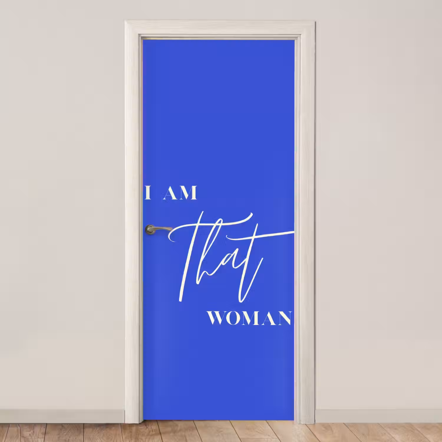 Blauw - I am that woman - Sierlijk - Minimalistisch deurposter klein -3d_beige