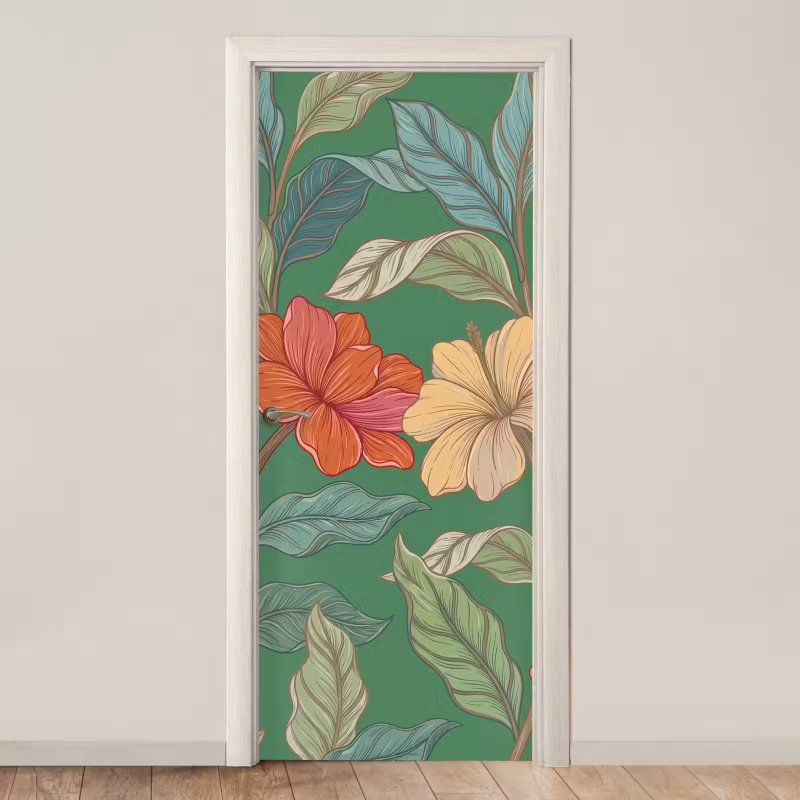 Türtapete - Blumen – Grün – Illustration - Bloemen - Groen - Illustratie deurposter klein