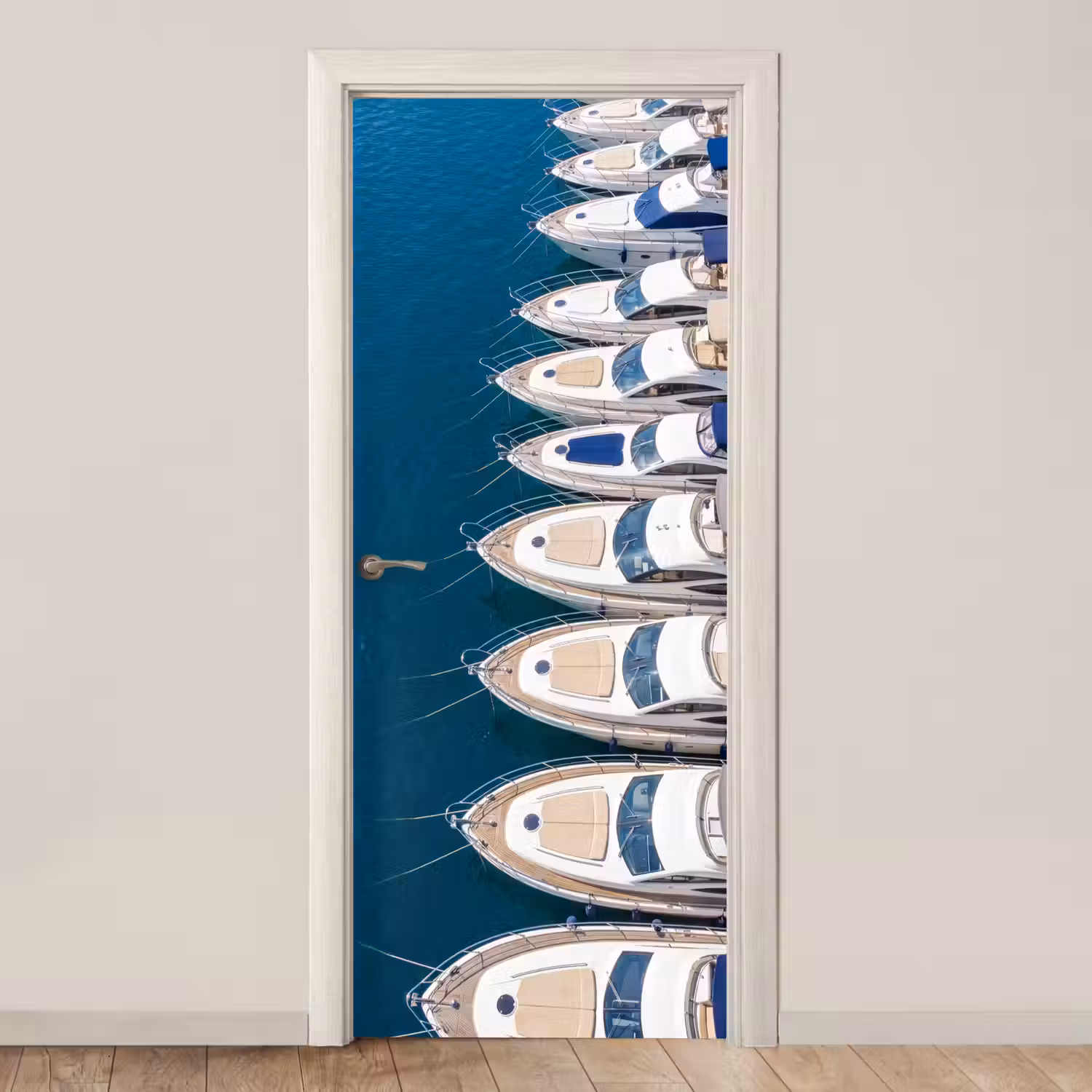Boot - Jachthaven - Water - Zomer - Blauw deurposter klein -3d_beige