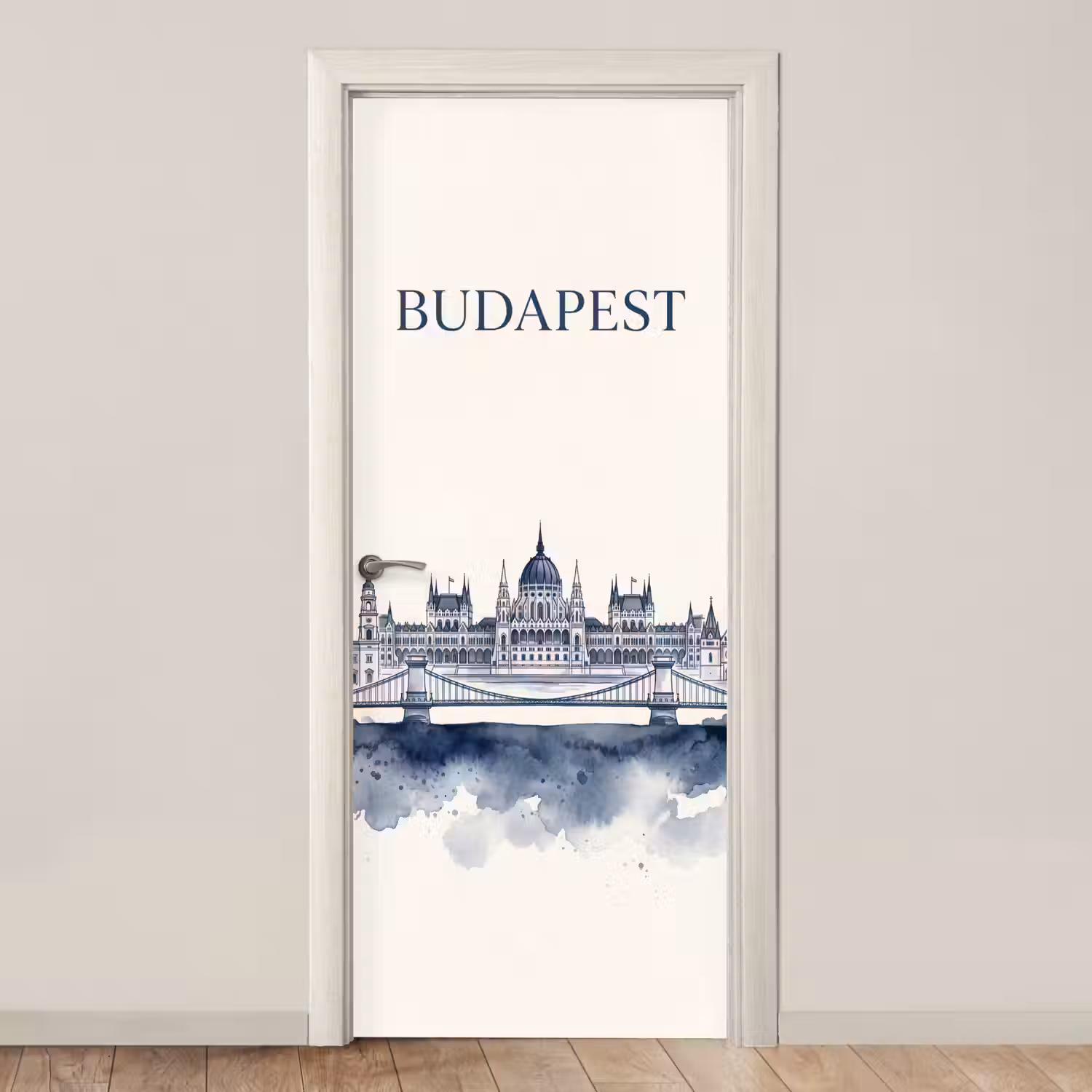 Boedapest - Skyline - Architectuur - Aquarel - Blauw deurposter klein -3d_beige