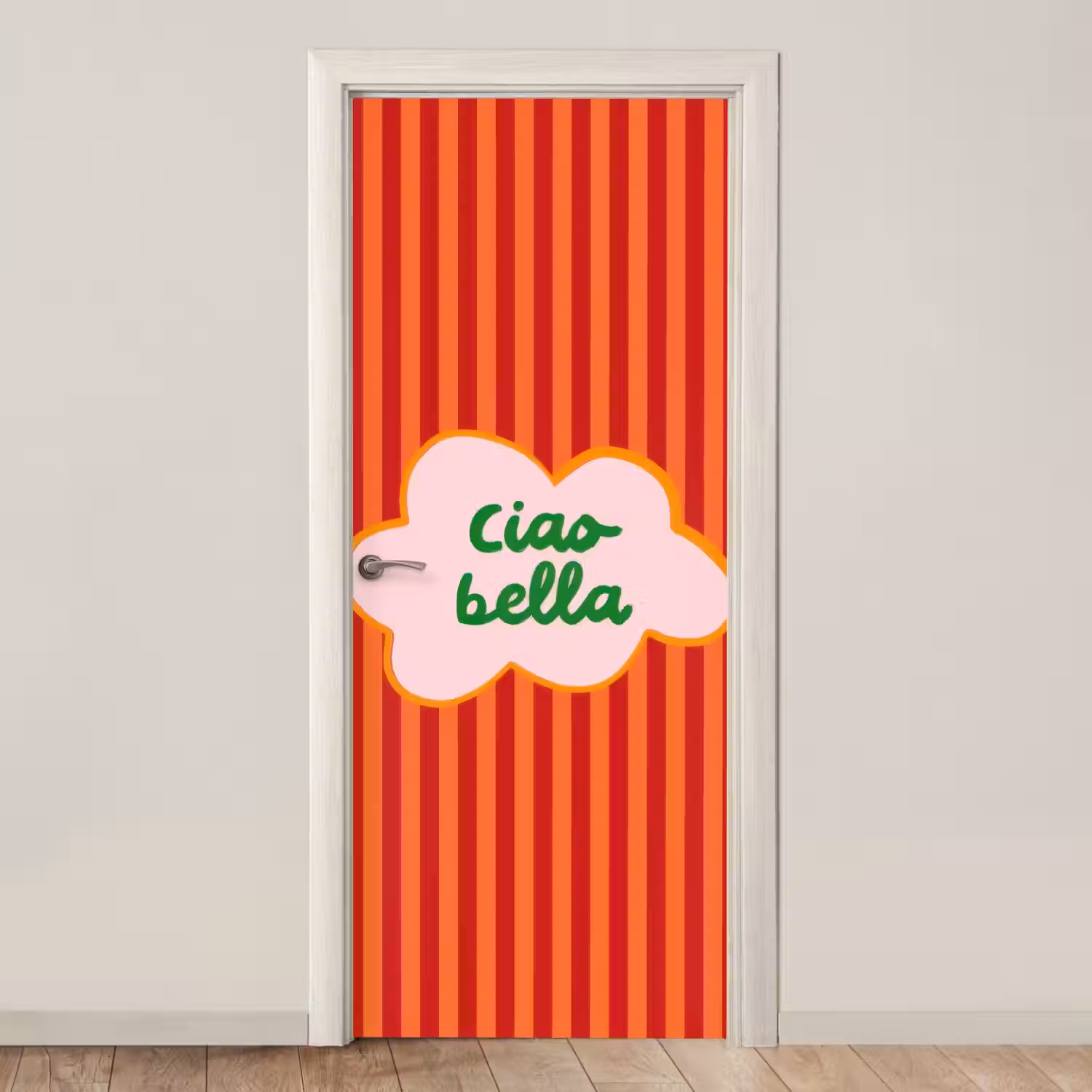 Ciao bella - Tekstwolk - Strepen - Oranje deurposter klein -3d_beige