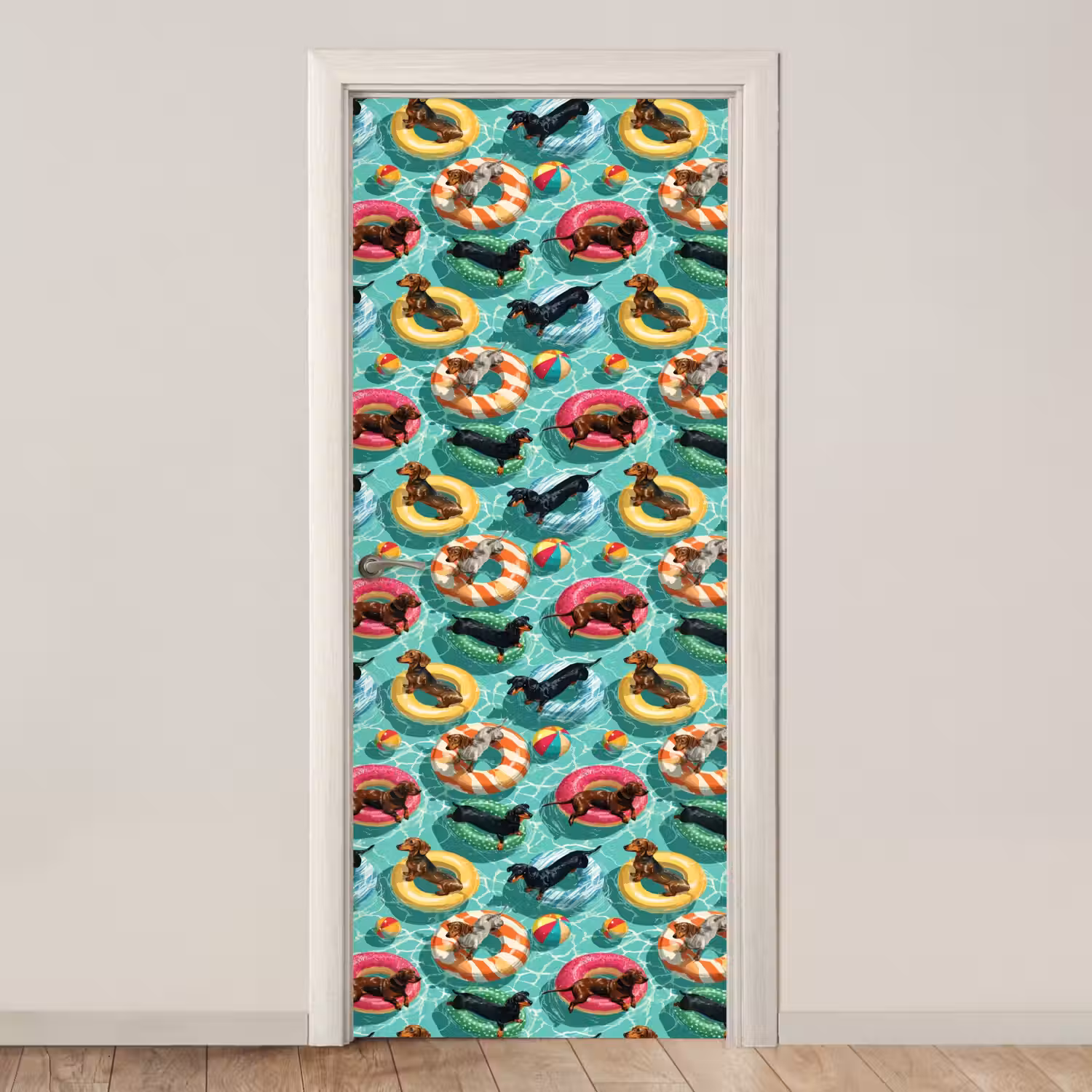 Teckels - Zwembad - Kleurrijk deurposter klein 289 -3d_beige
