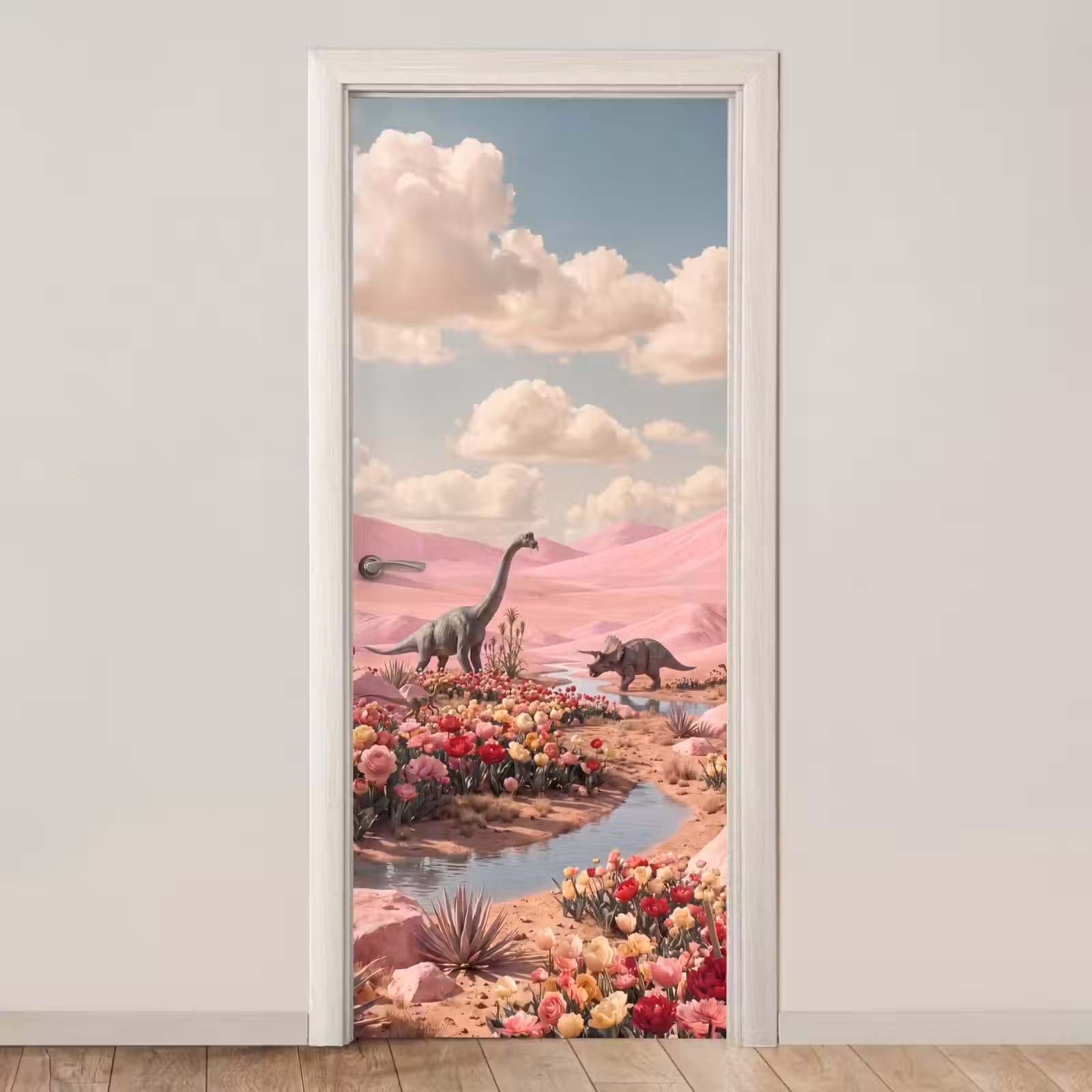 Türtapete - Dinosaurier – Rosa – Landschaft - Dinosaurus - Roze - Landschap deurposter klein