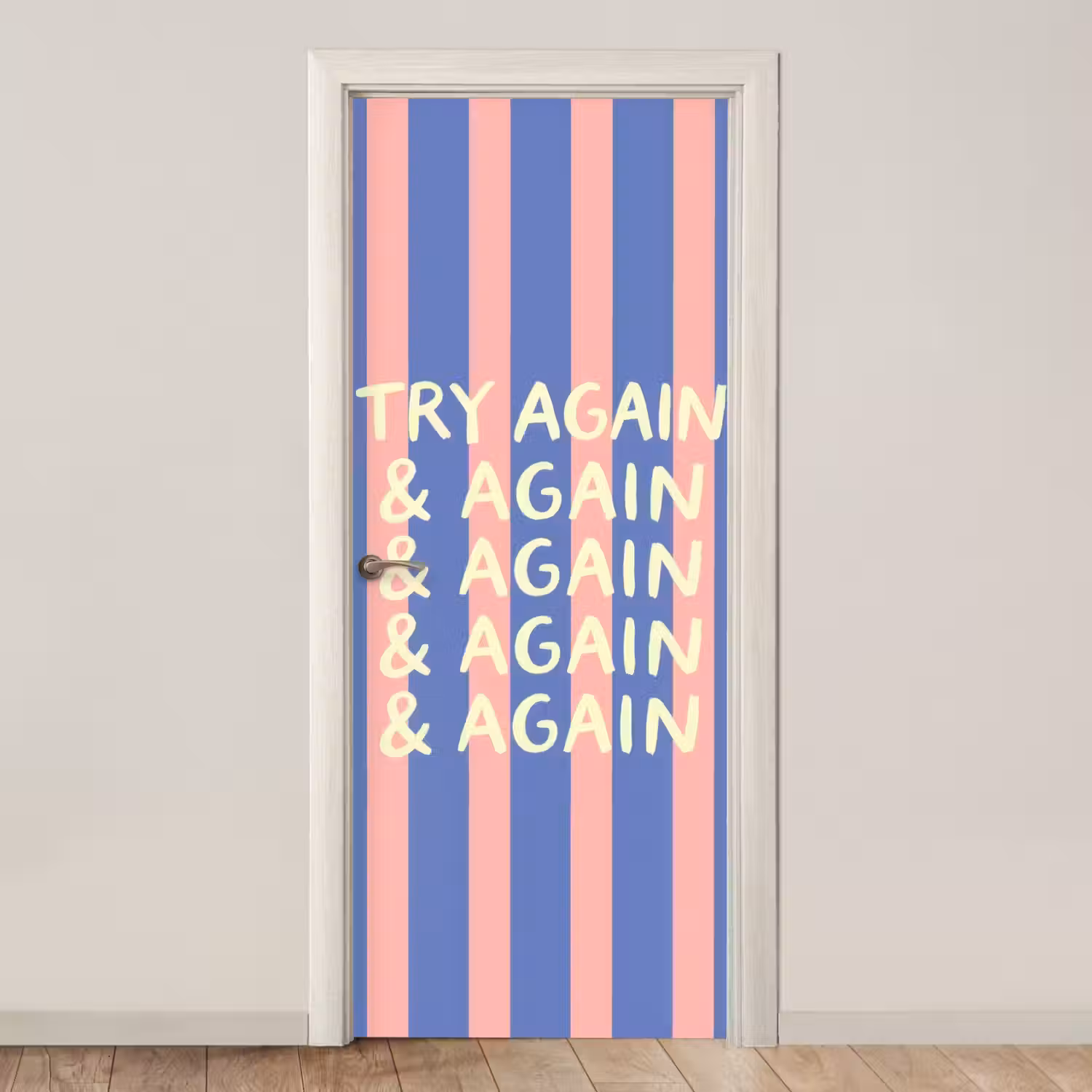 Try again - Strepen - Roze - Verticaal - Blauw deurposter klein -3d_beige