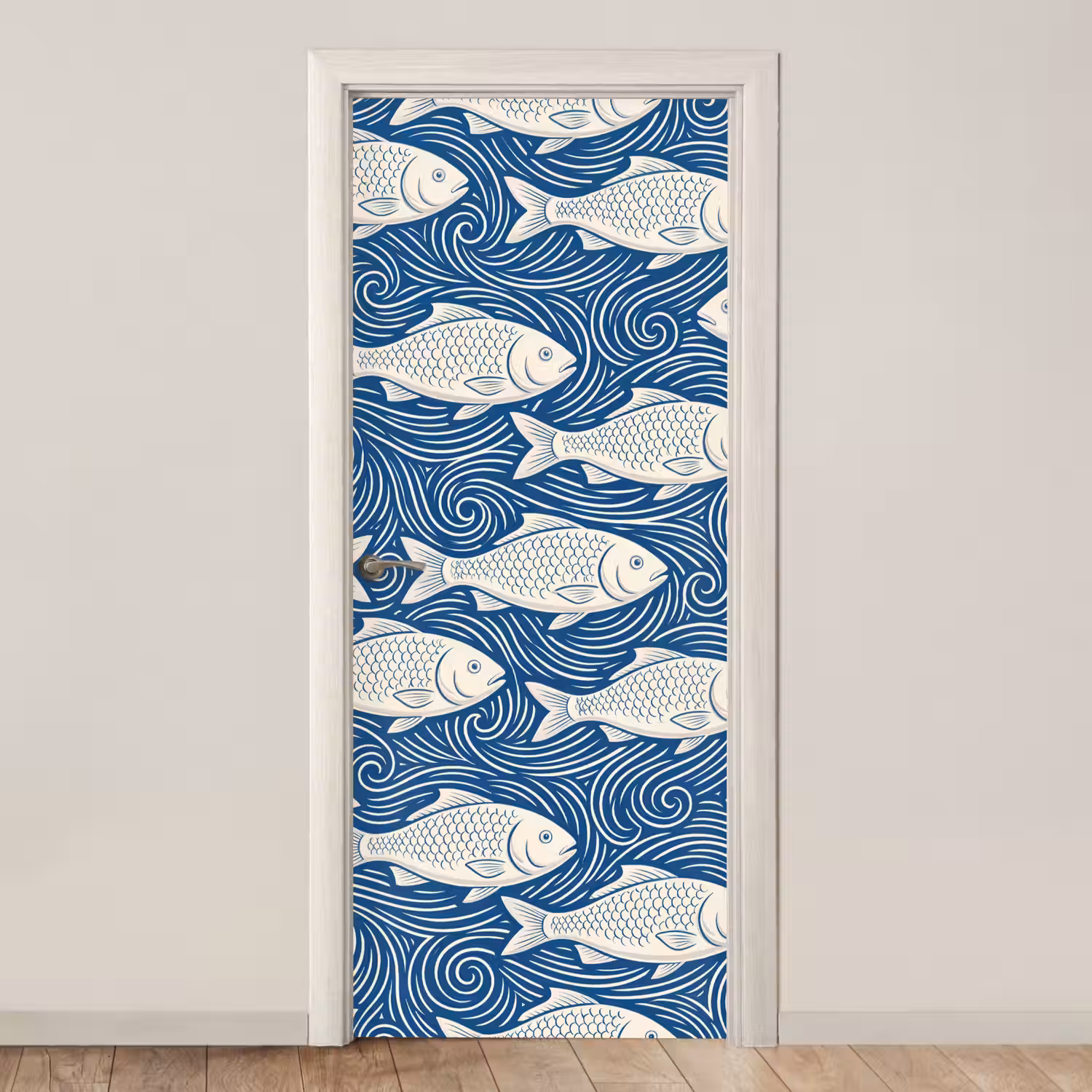 Vis - Water - Patroon - Grafisch - Blauw deurposter klein -3d_beige