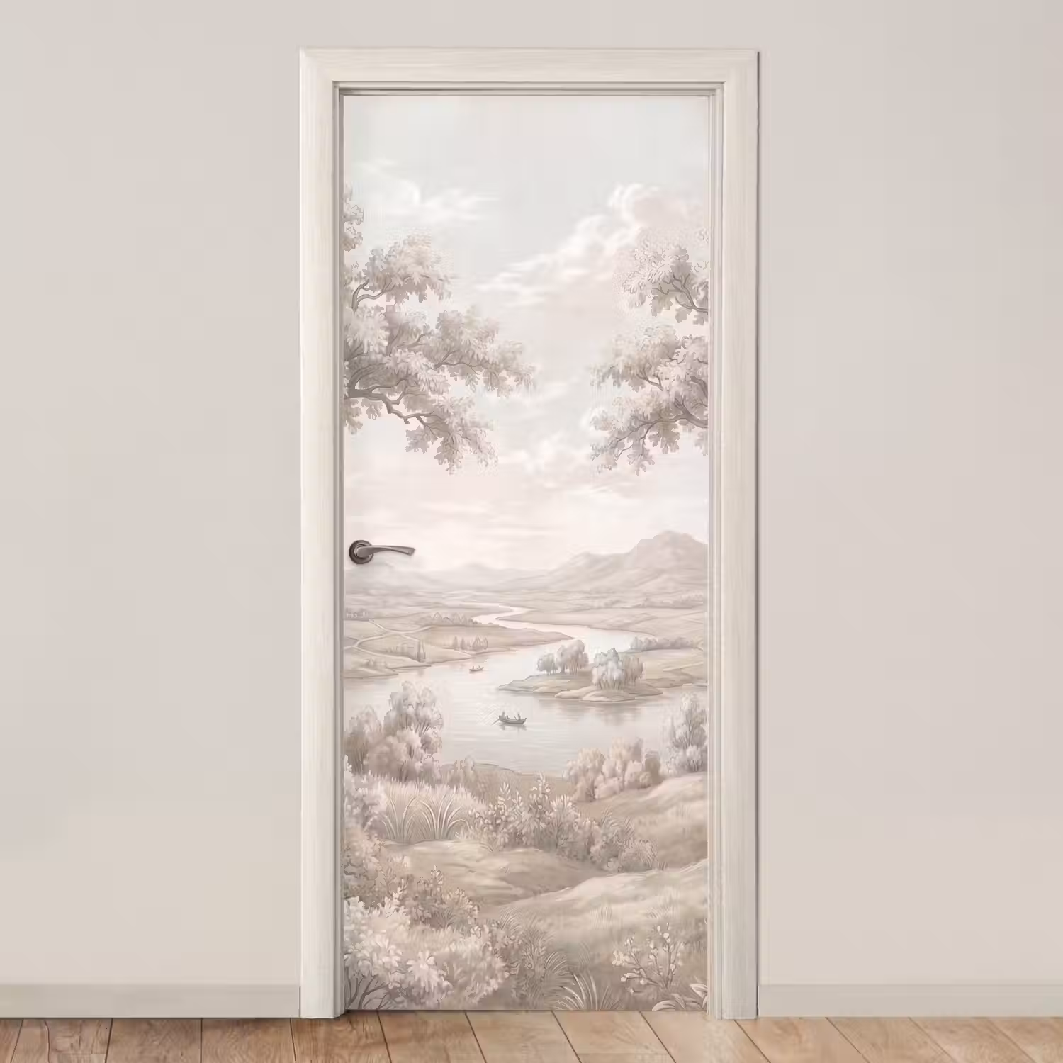 Rivierlandschap - Bergen - Natuur - Vintage - Beige deurposter klein -3d_beige
