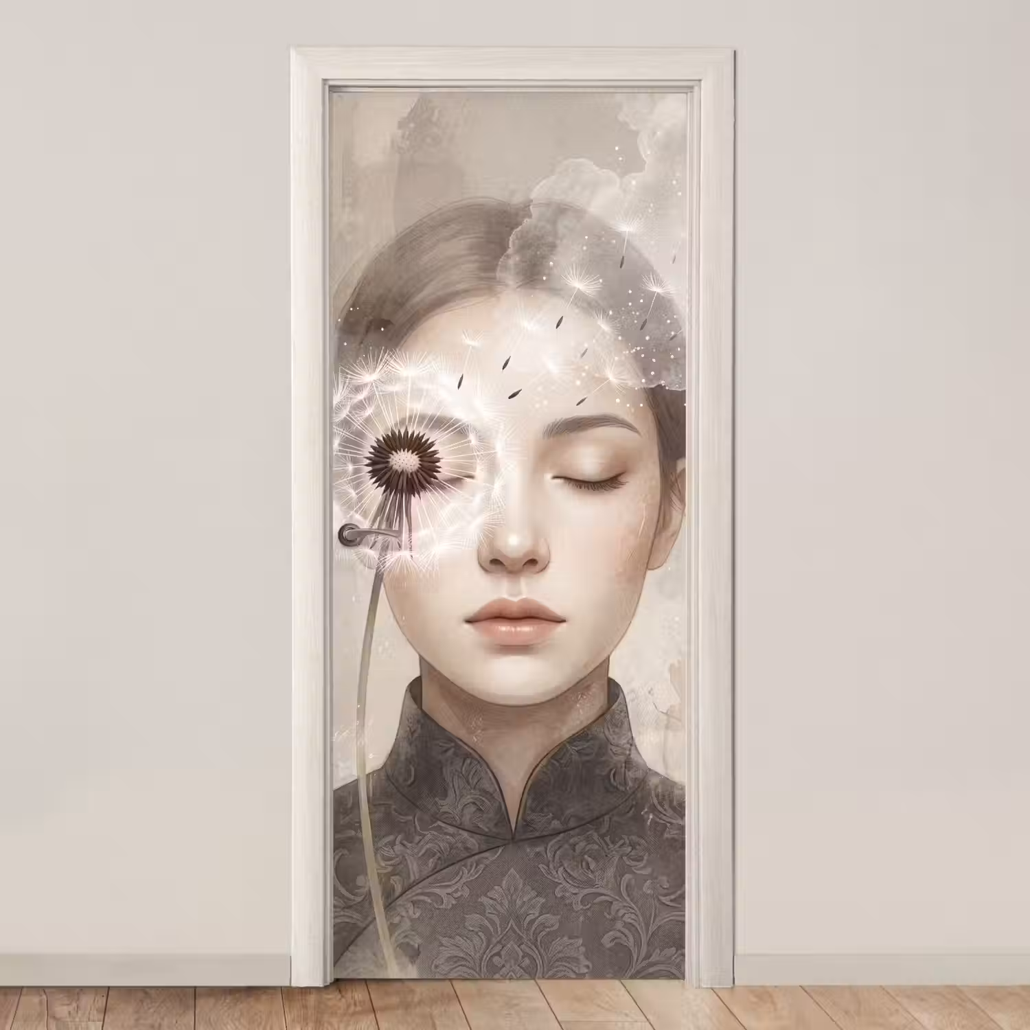 Vrouw - Sereen - Grijs deurposter klein -3d_beige