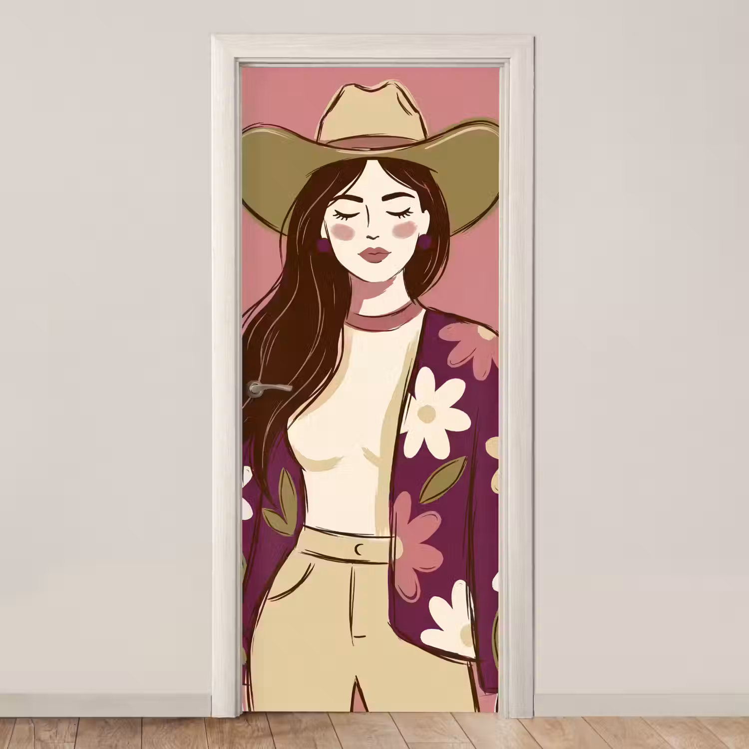 Vrouw - Hoed - Portret - Illustratie - Roze deurposter klein -3d_beige