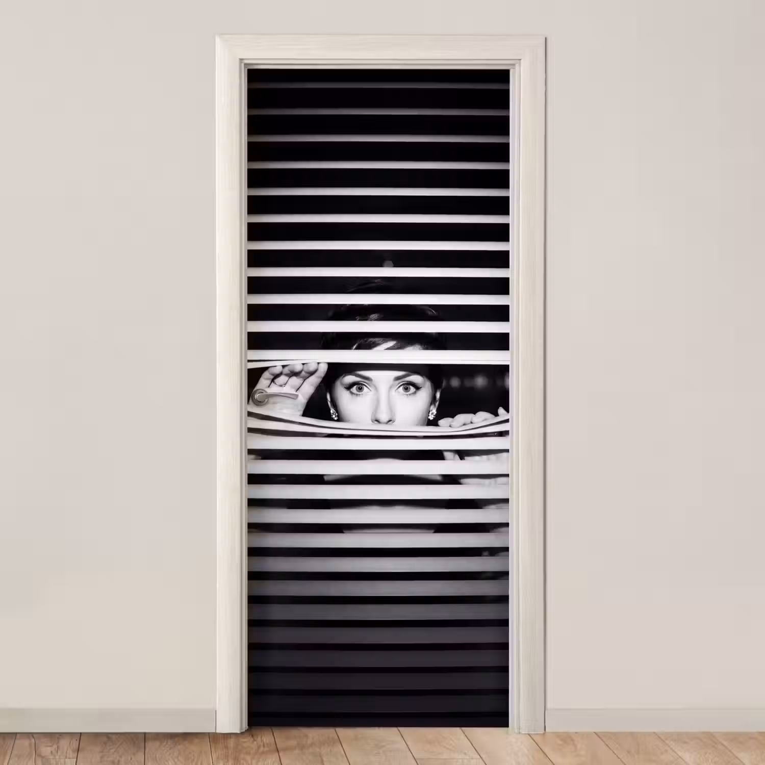 Vrouw - Jaloezieën - Portret - Zwart-wit deurposter klein -3d_beige