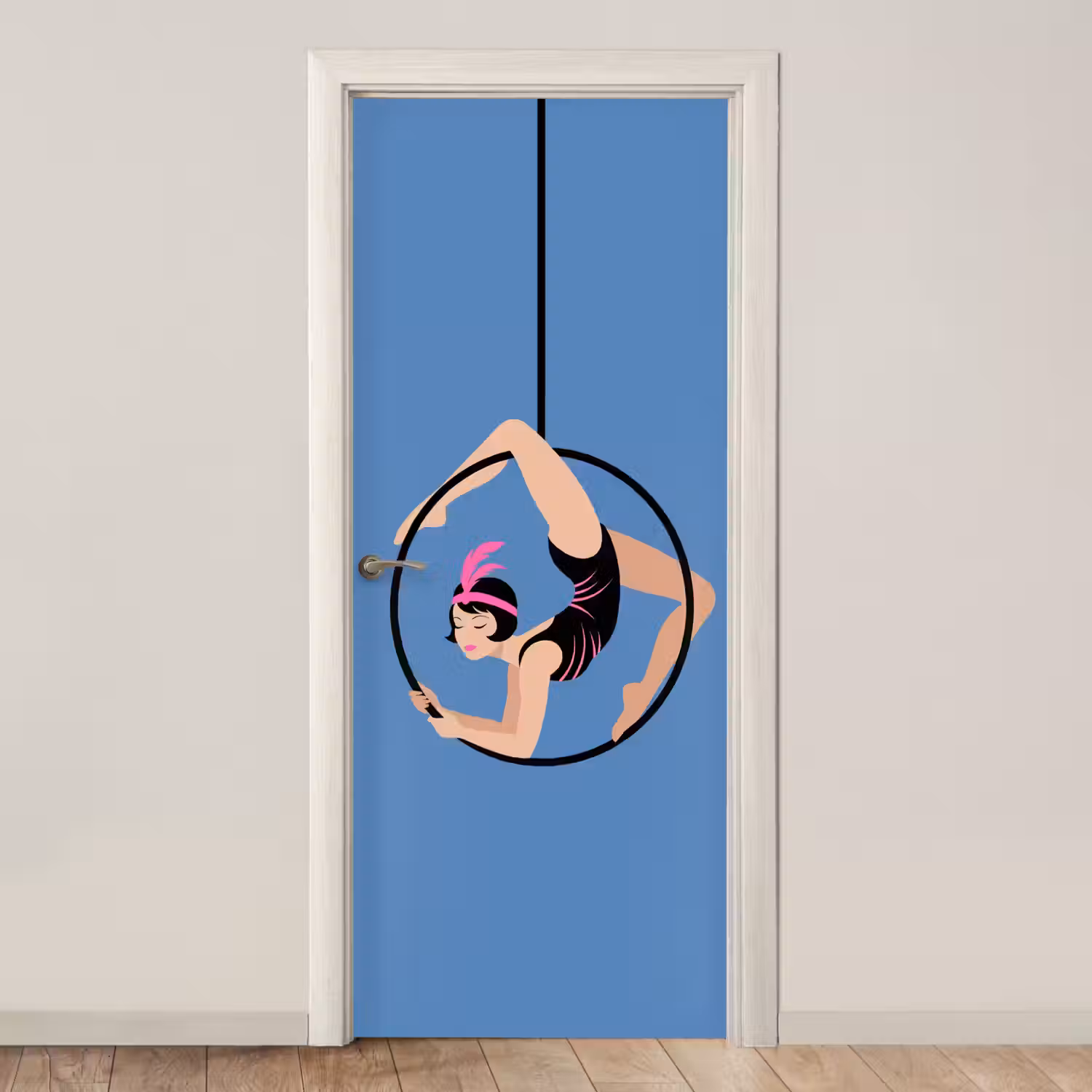 Vrouw - Aerial hoop - Art deco - Illustratie - Blauw deurposter klein -3d_beige