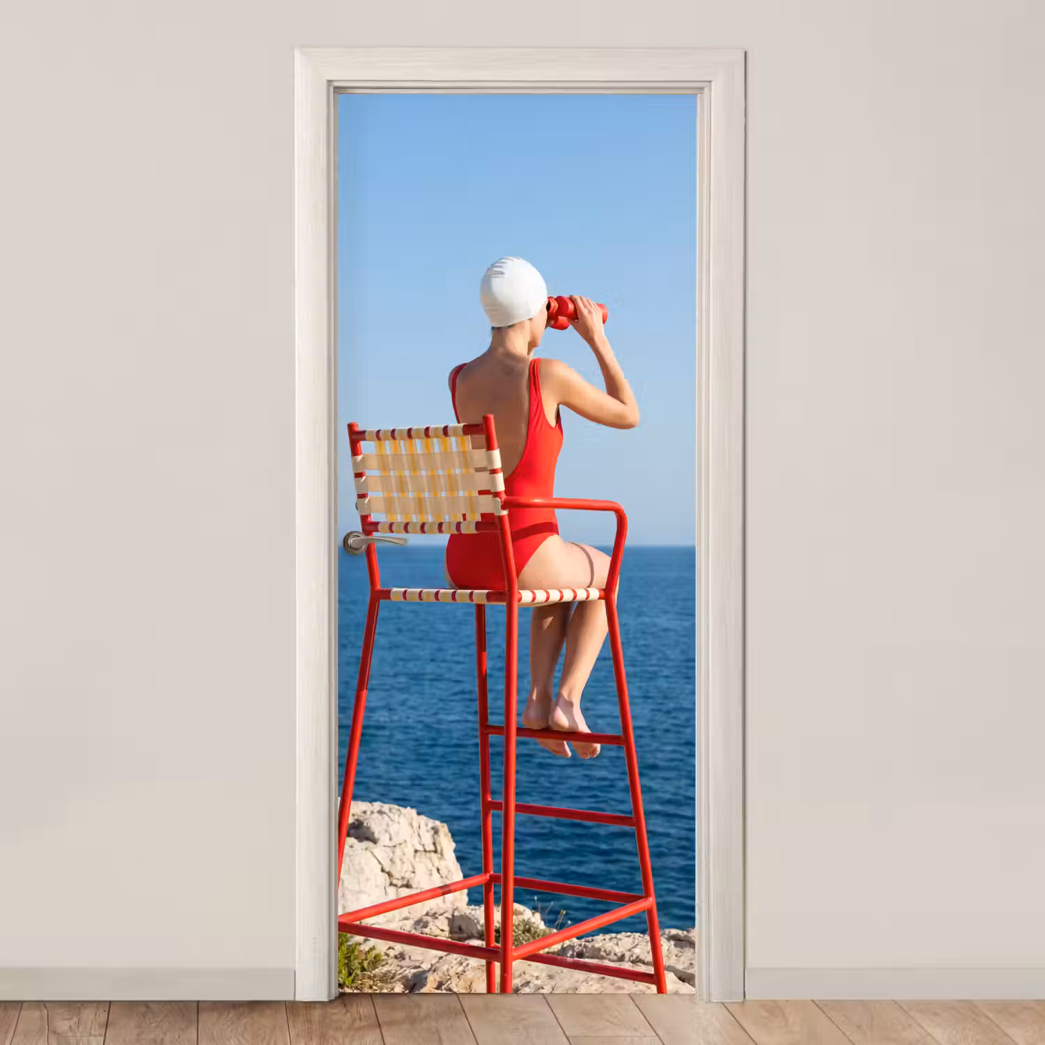 Vrouw - Zee - Kust - Verrekijker - Rood deurposter klein -3d_beige