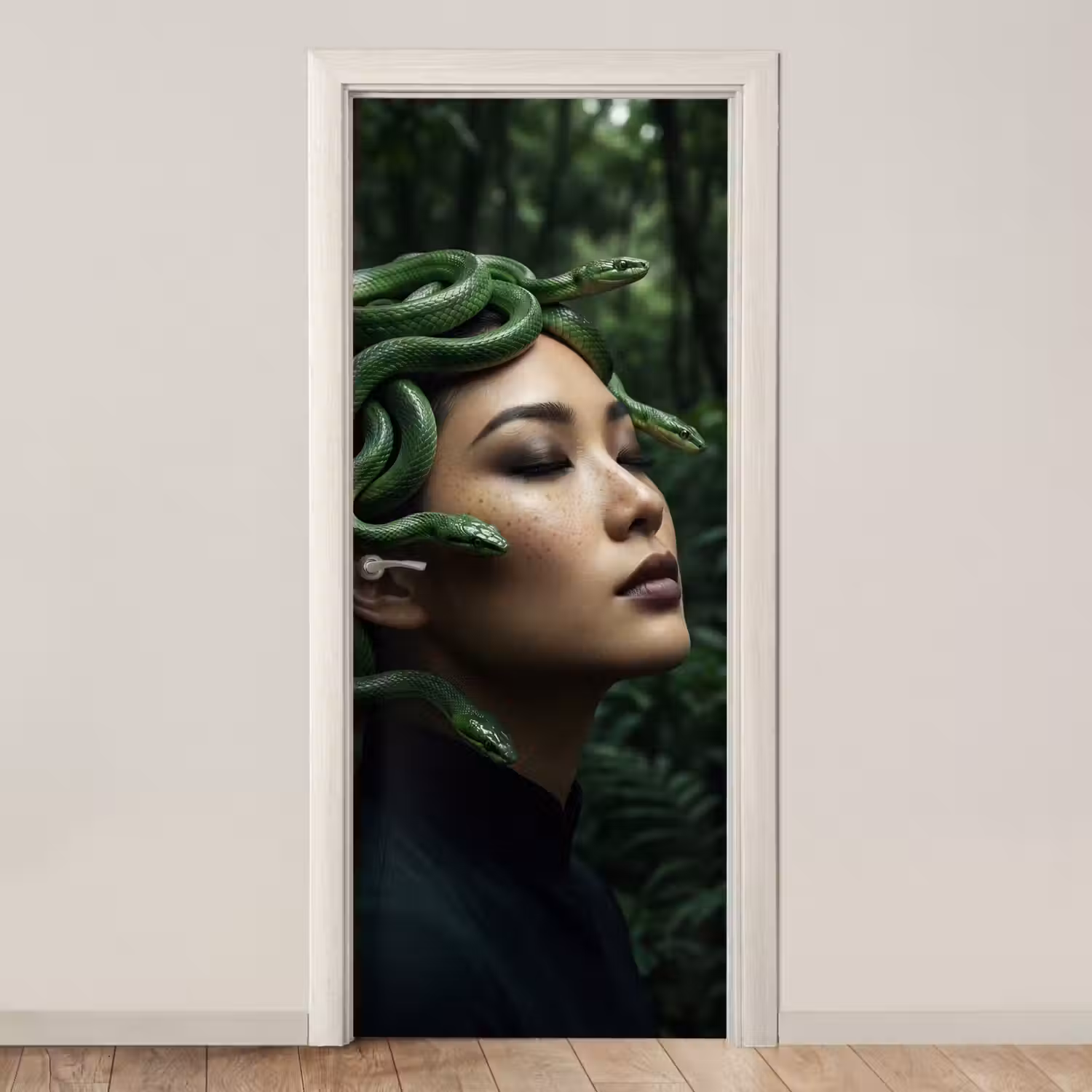 Vrouw - Slang - Natuur - Mystiek - Groen deurposter klein -3d_beige