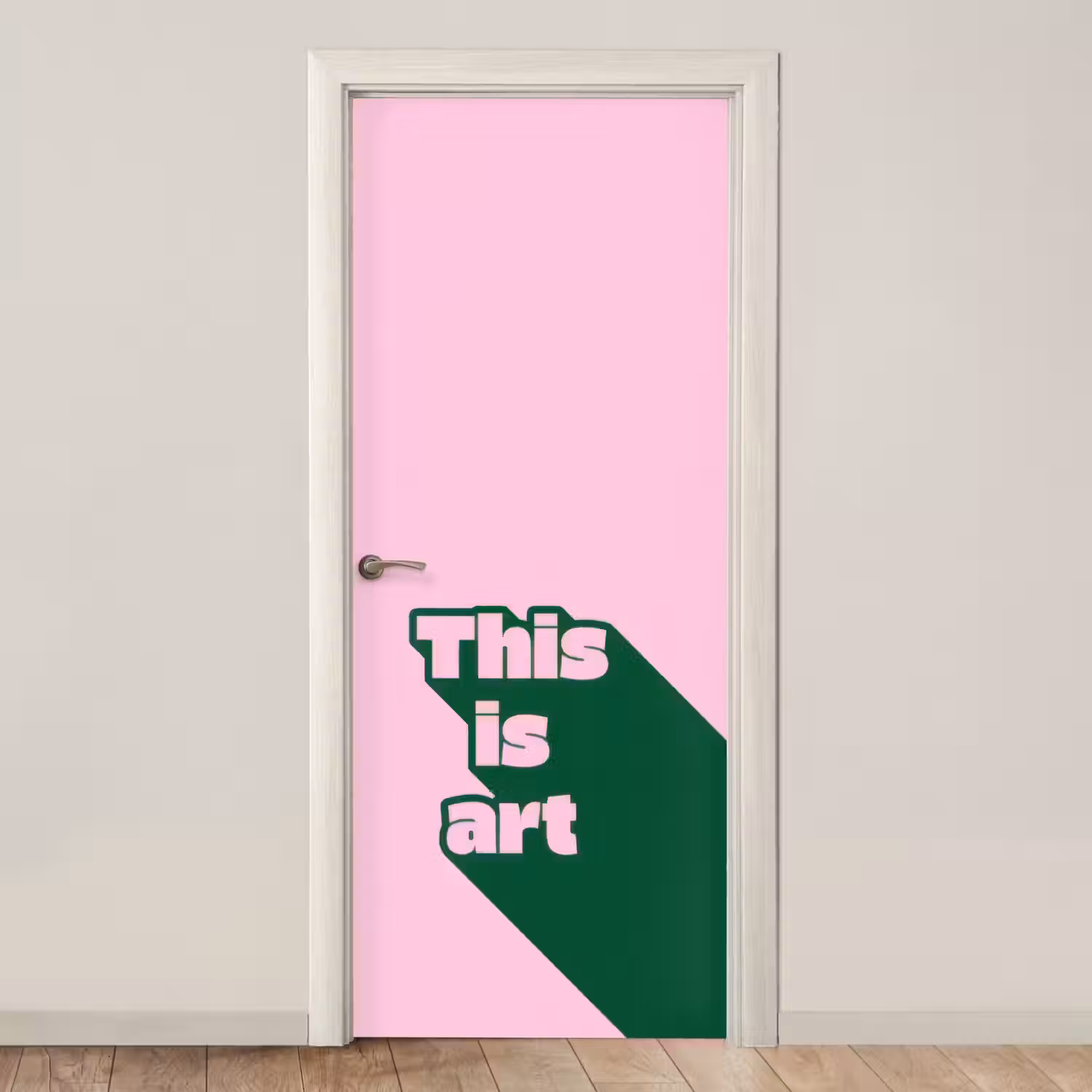 Groen - Teskt - This is art - Roze deurposter klein -3d_beige
