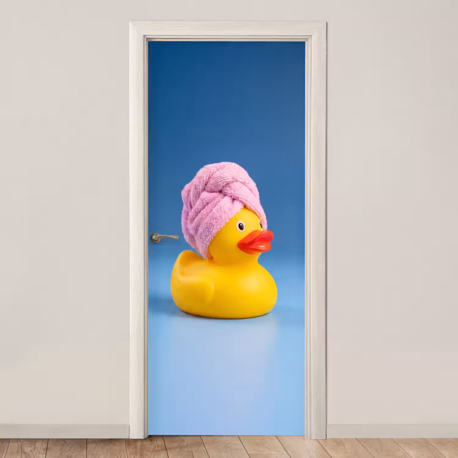 Badeend - Handdoek - Blauw deurposter klein -3d_beige