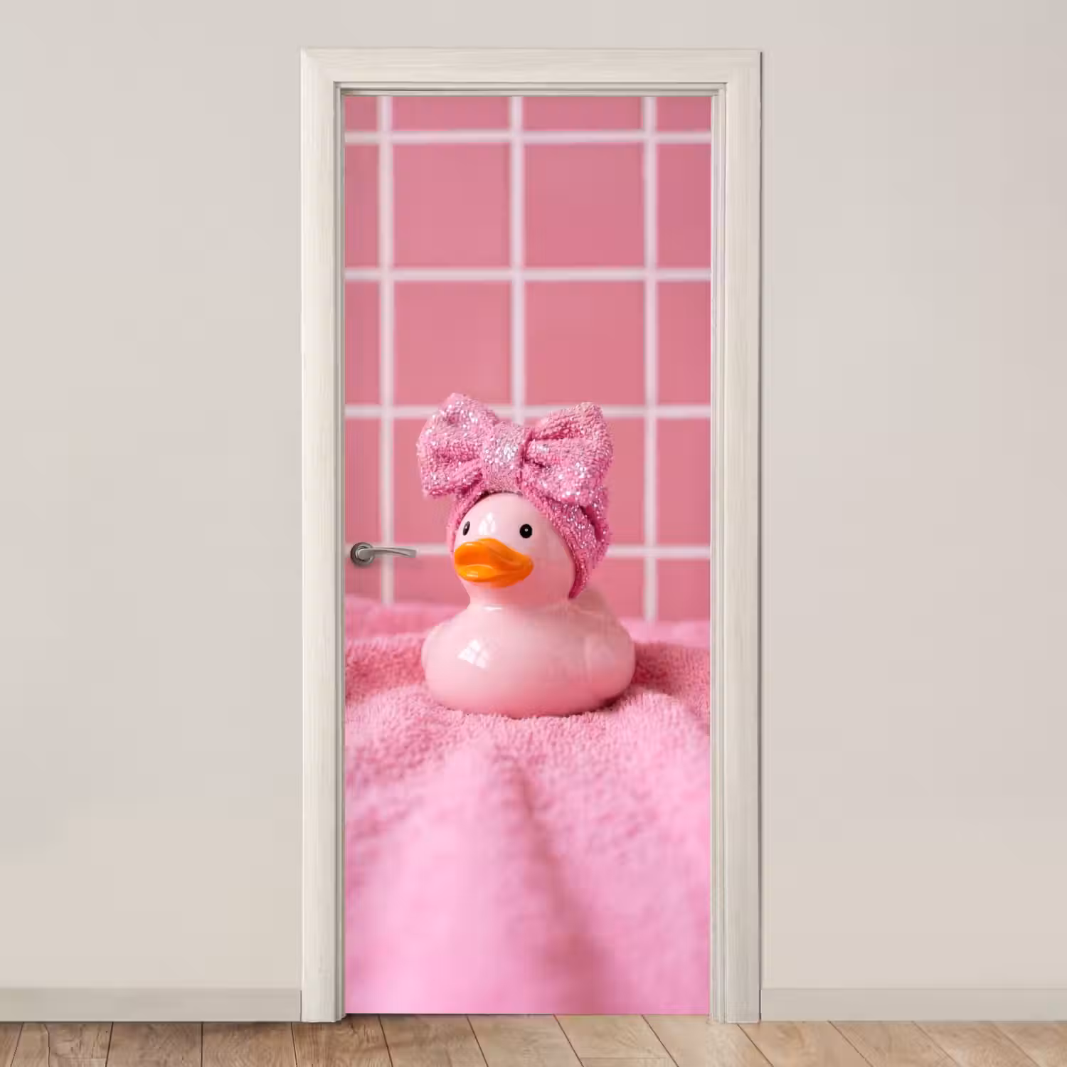 Badeend -Strik - Roze deurposter klein -3d_beige