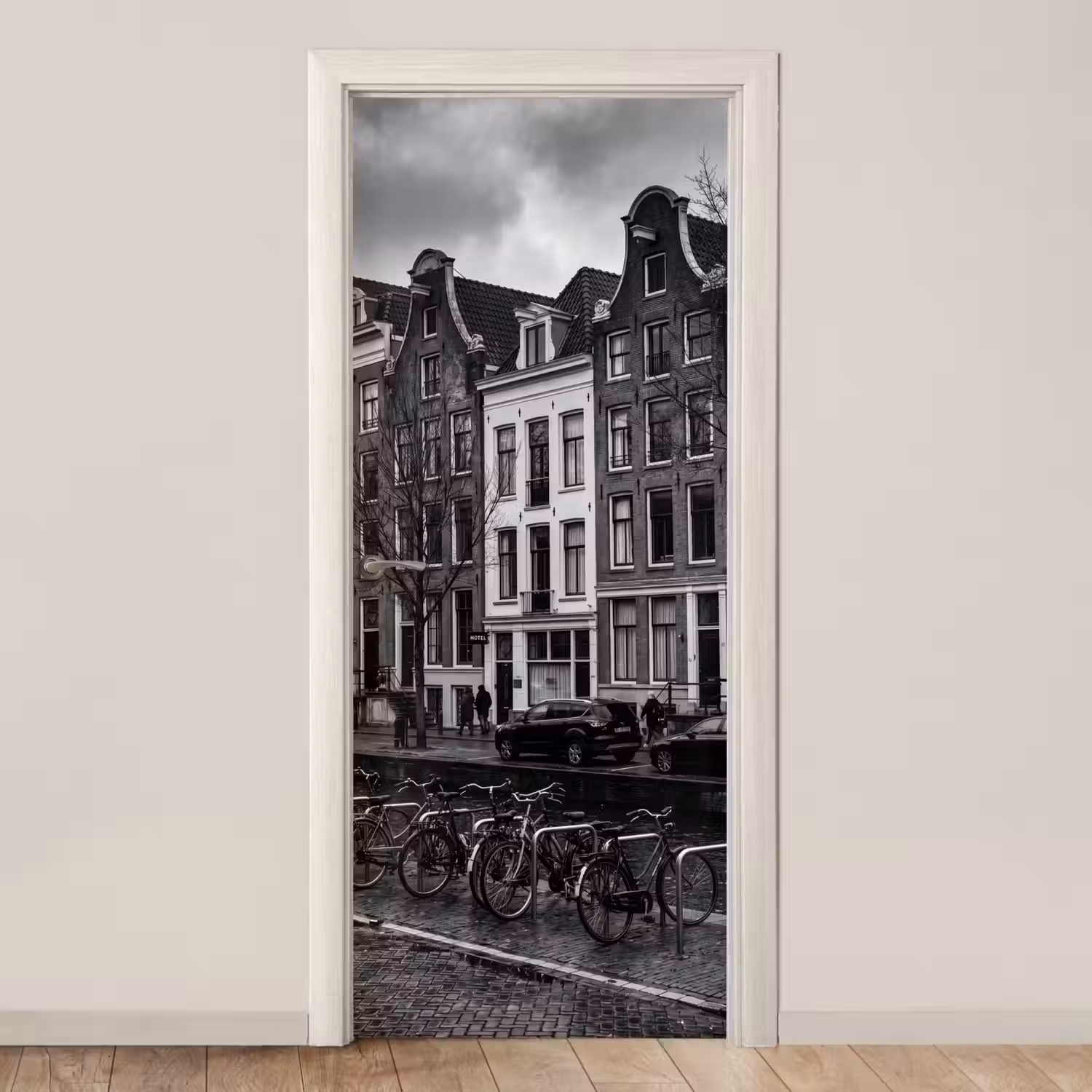 Huis - Gracht - Amsterdam - Architectuur - Zwart-wit deurposter klein -3d_beige