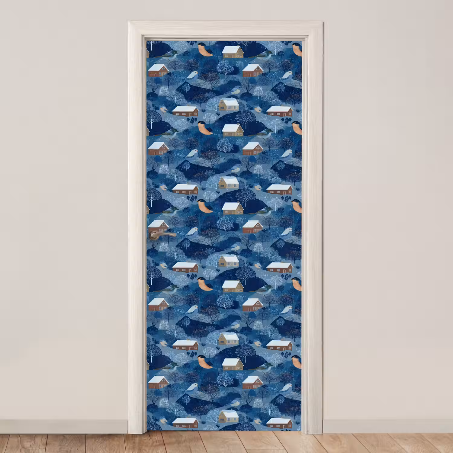 Huisjes - Vogels - Sneeuw - Winter - Blauw deurposter klein 289 -3d_beige