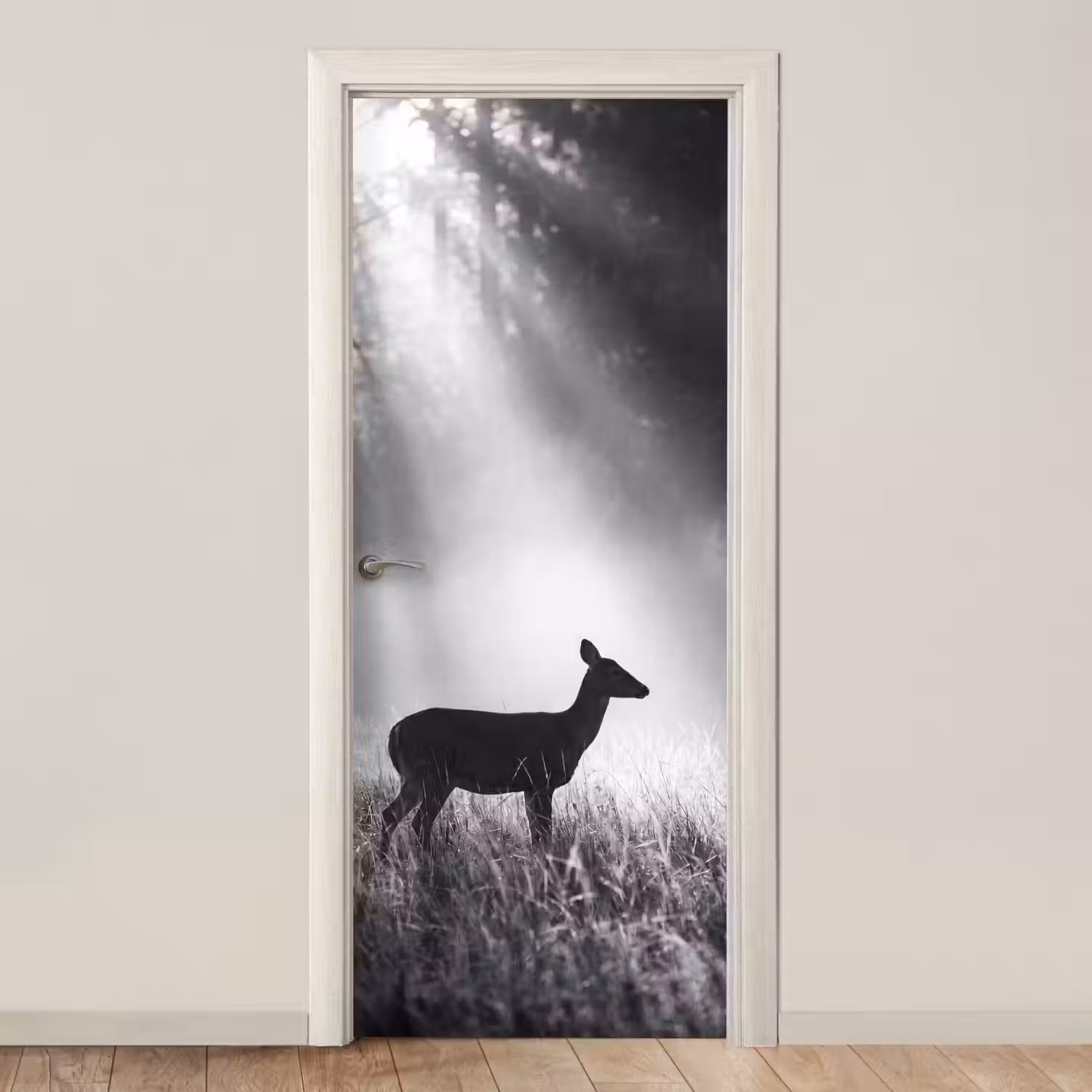 Hert - Bos - Zonnestralen - Zwart-wit - Natuur deurposter klein -3d_beige