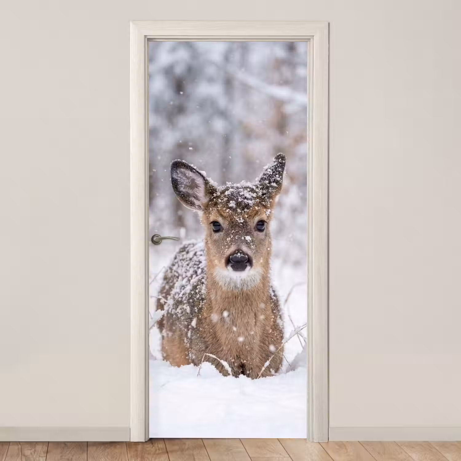 Hert - Sneeuw - Bos - Dieren - Vertederend deurposter klein -3d_beige