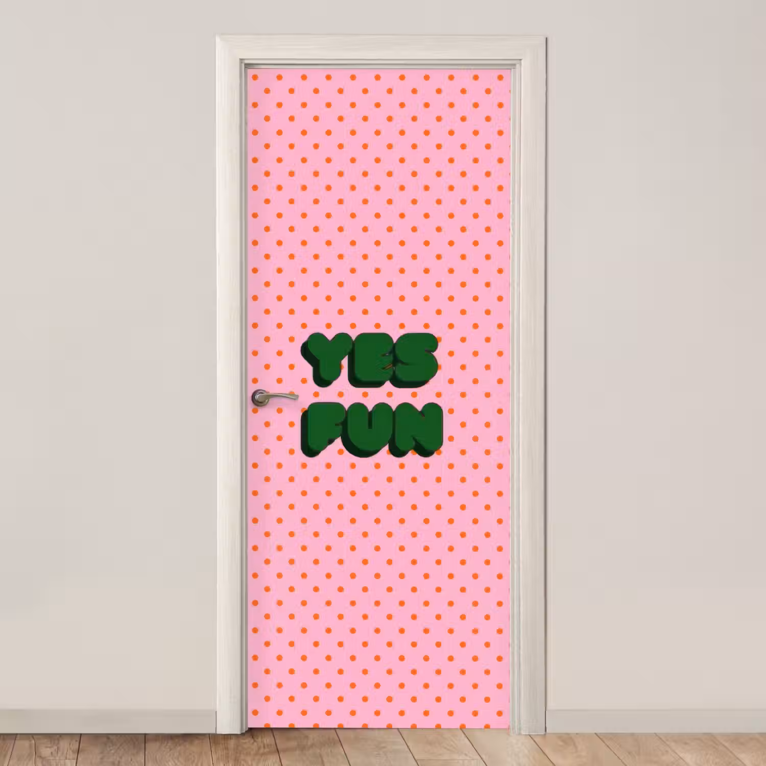 Yes fun - Groen - Roze - Stippen deurposter klein -3d_beige