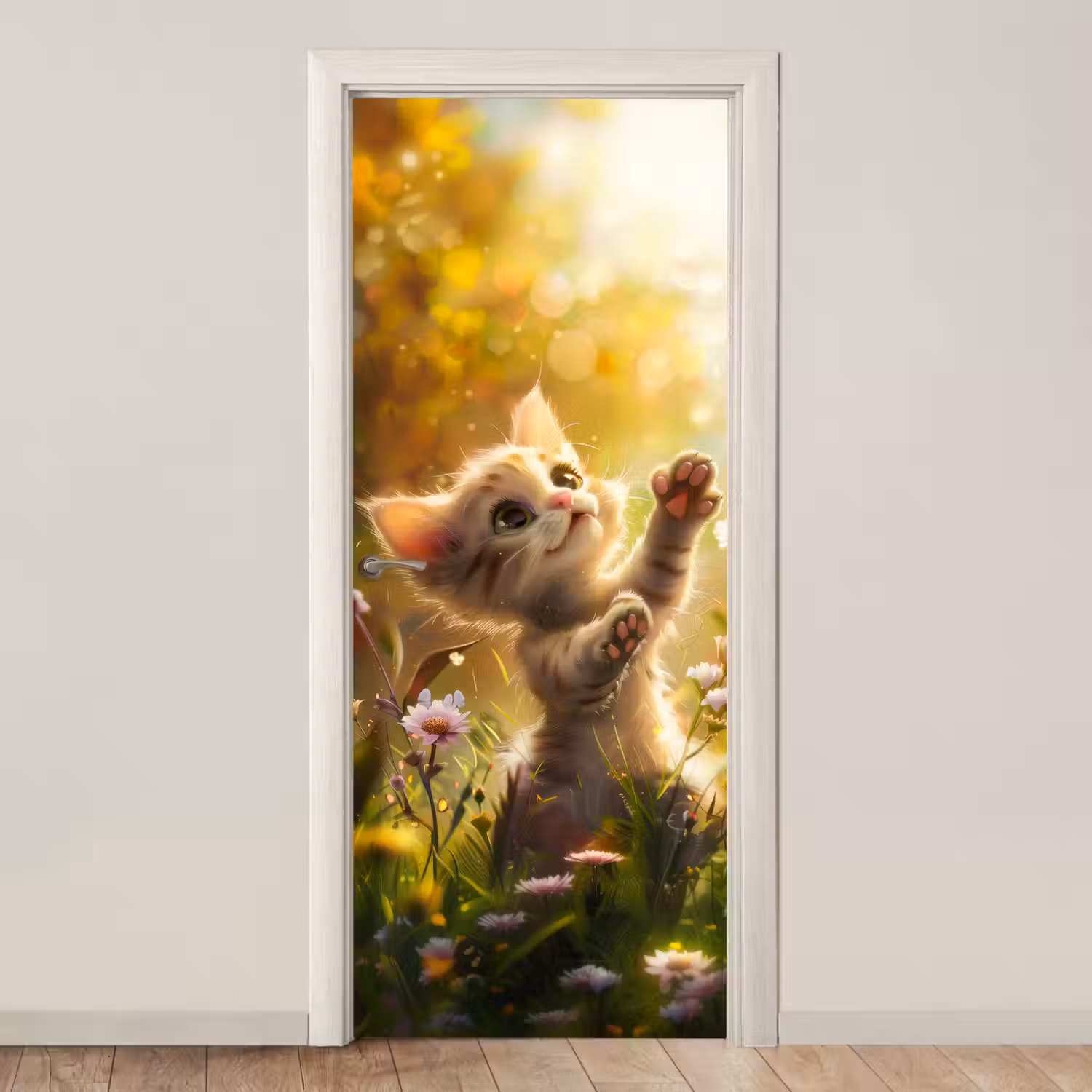 Kitten - Dier - Natuur - Bloemen deurposter klein -3d_beige