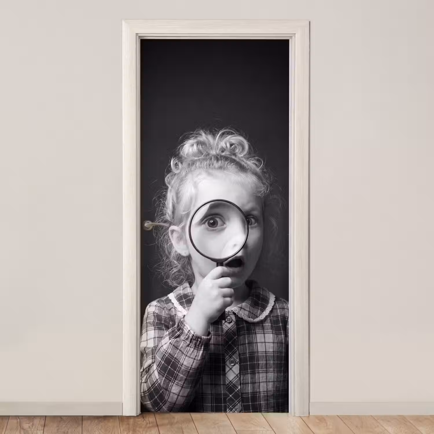 Kind - Vergrootglas - Portret - Zwart-wit deurposter klein -3d_beige