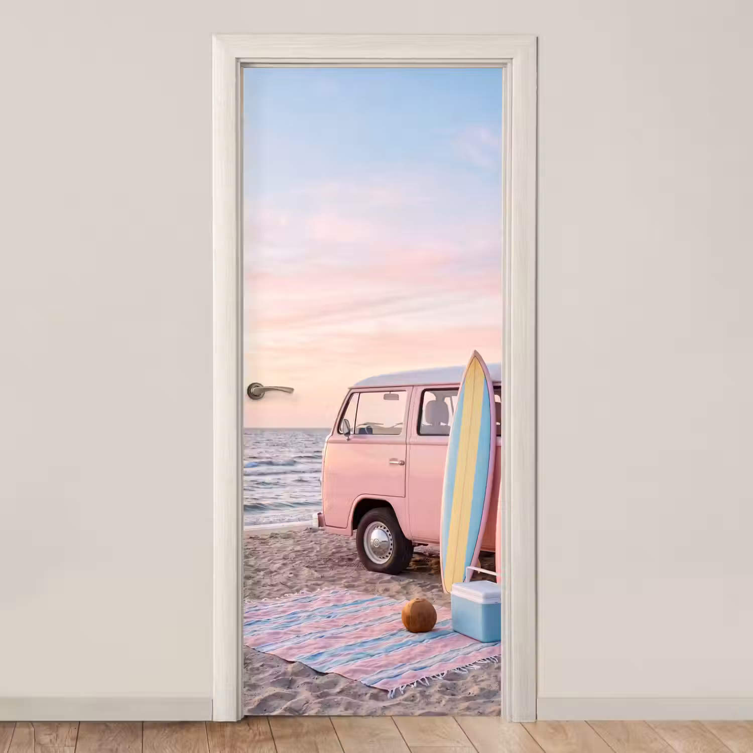 Busje - Strand - Surfplank - Zomer - Roze deurposter klein -3d_beige