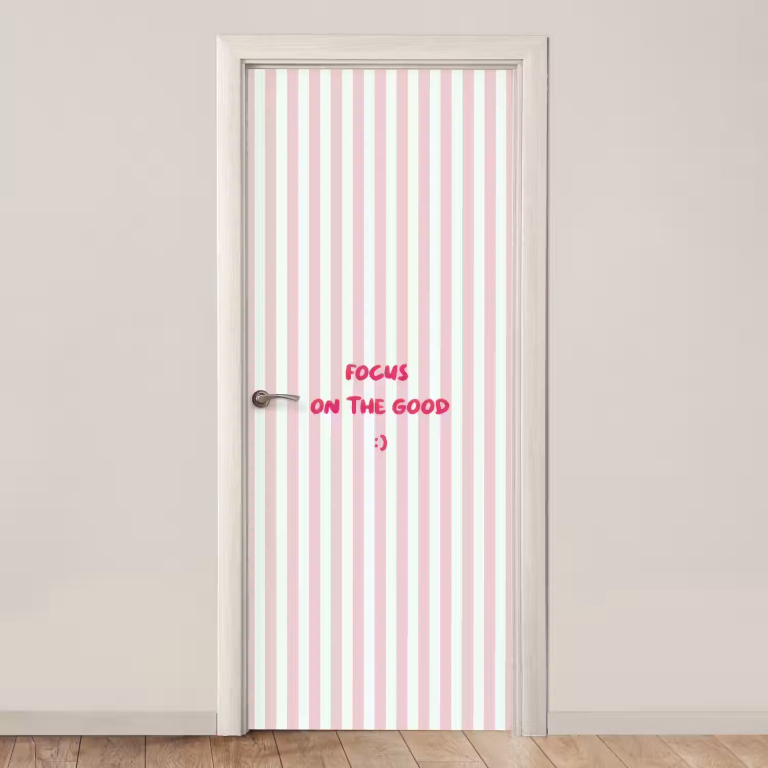 Focus on the good - Strepen - Roze - Smiley deurposter klein -3d_beige